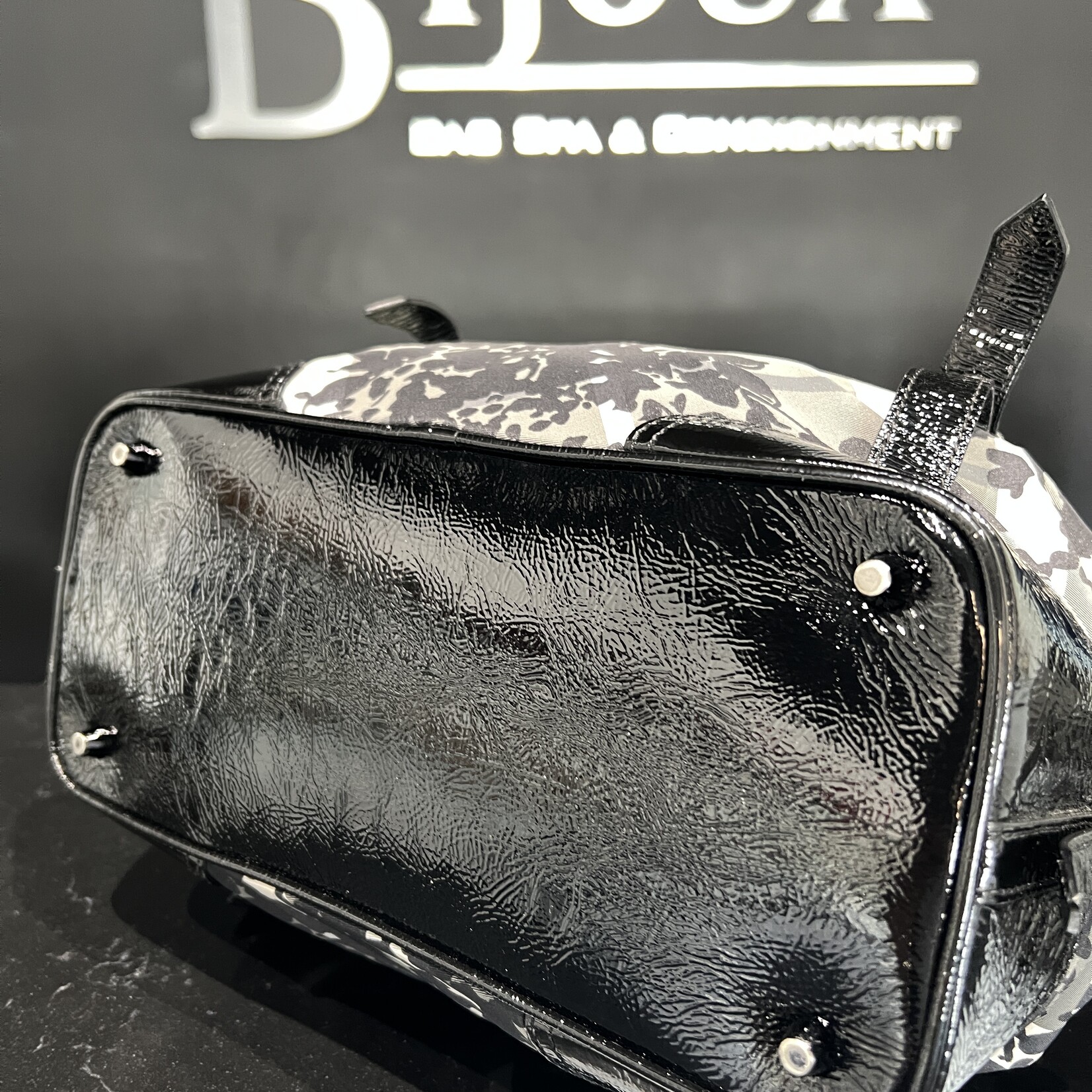 Burberry Burberry Patent Nylon Beat Check Floral Print Hobo Black