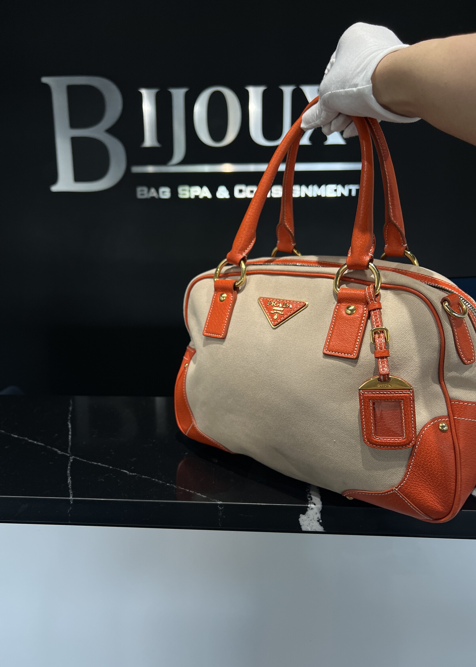 Prada SOLD - Prada Canvas Leather Trim Bauletto