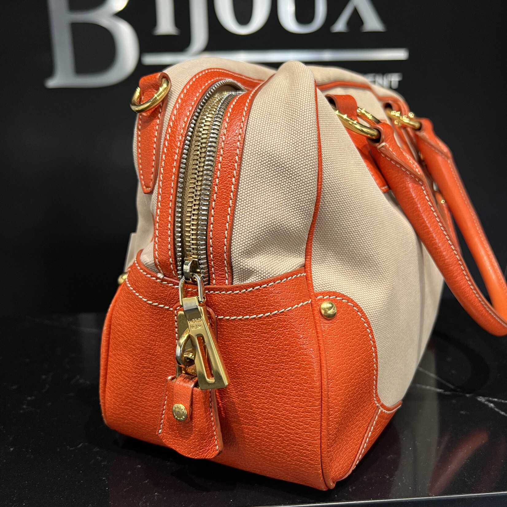 Prada SOLD - Prada Canvas Leather Trim Bauletto