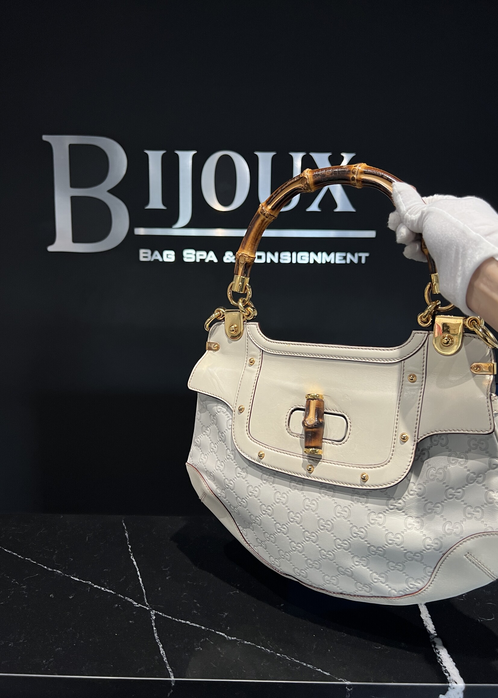 Gucci SOLD- Gucci Monogram Peggy Bamboo Top Handle Bag