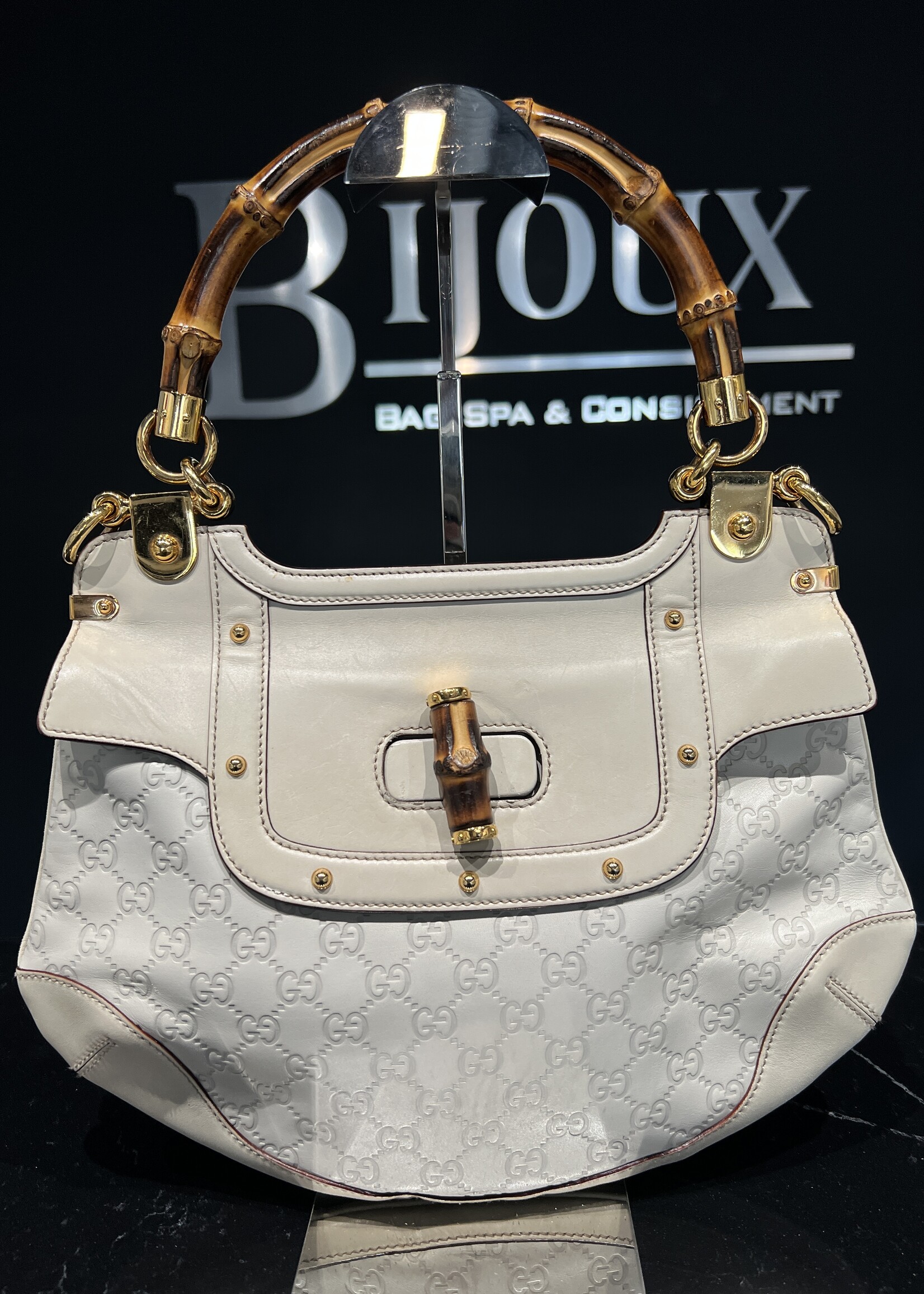Gucci SOLD- Gucci Monogram Peggy Bamboo Top Handle Bag