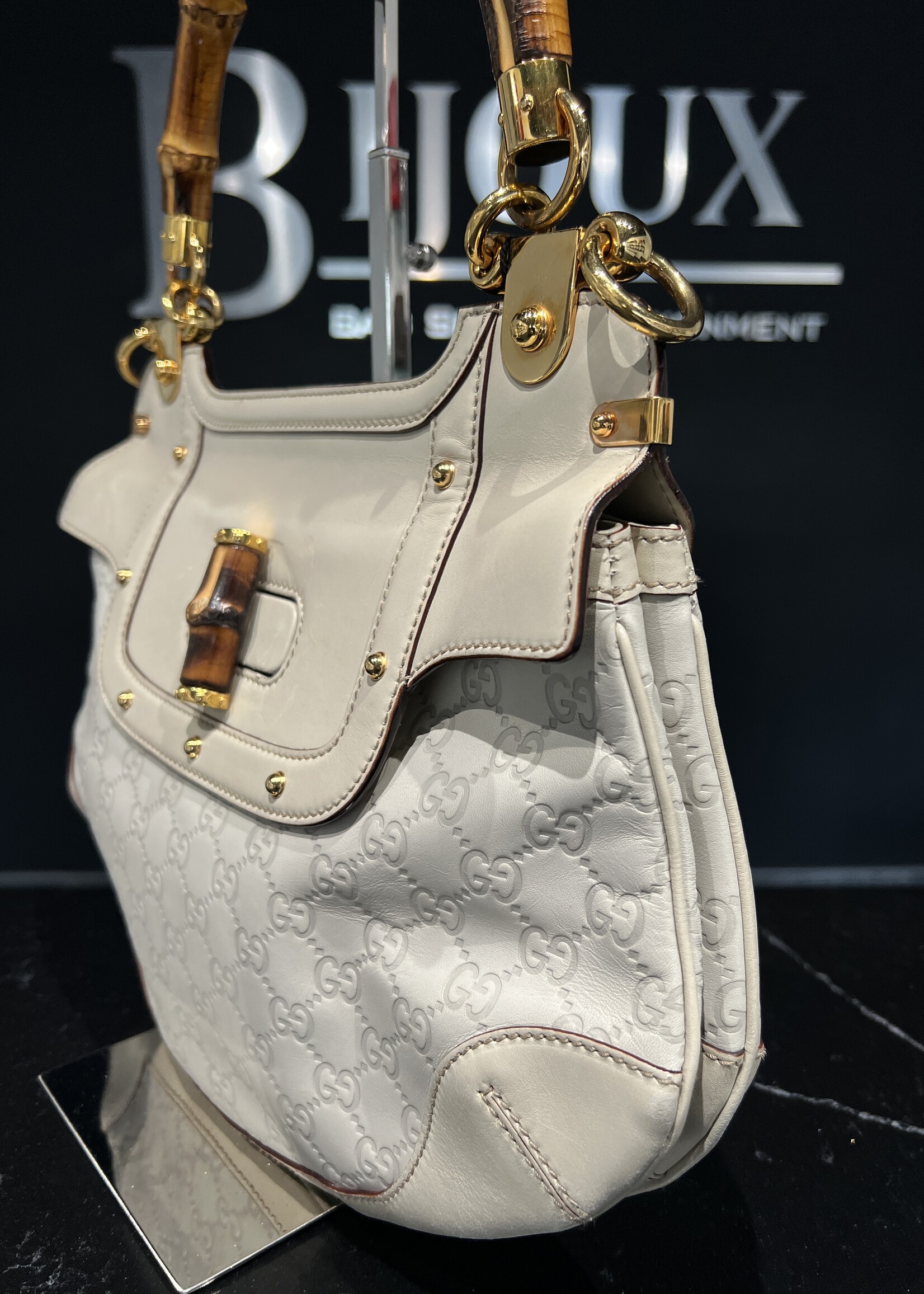 Gucci SOLD- Gucci Monogram Peggy Bamboo Top Handle Bag