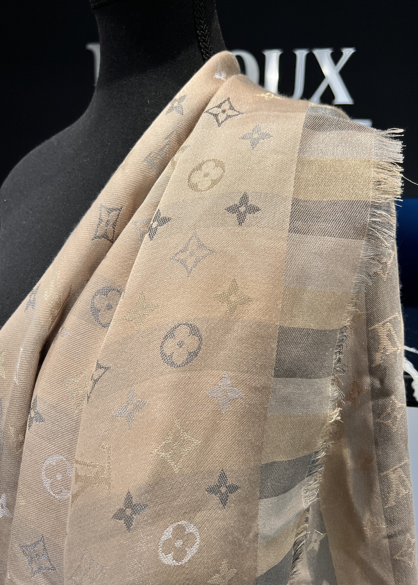 Louis Vuitton SOLD - Louis Vuitton Silk Monogram Taupe Scarf