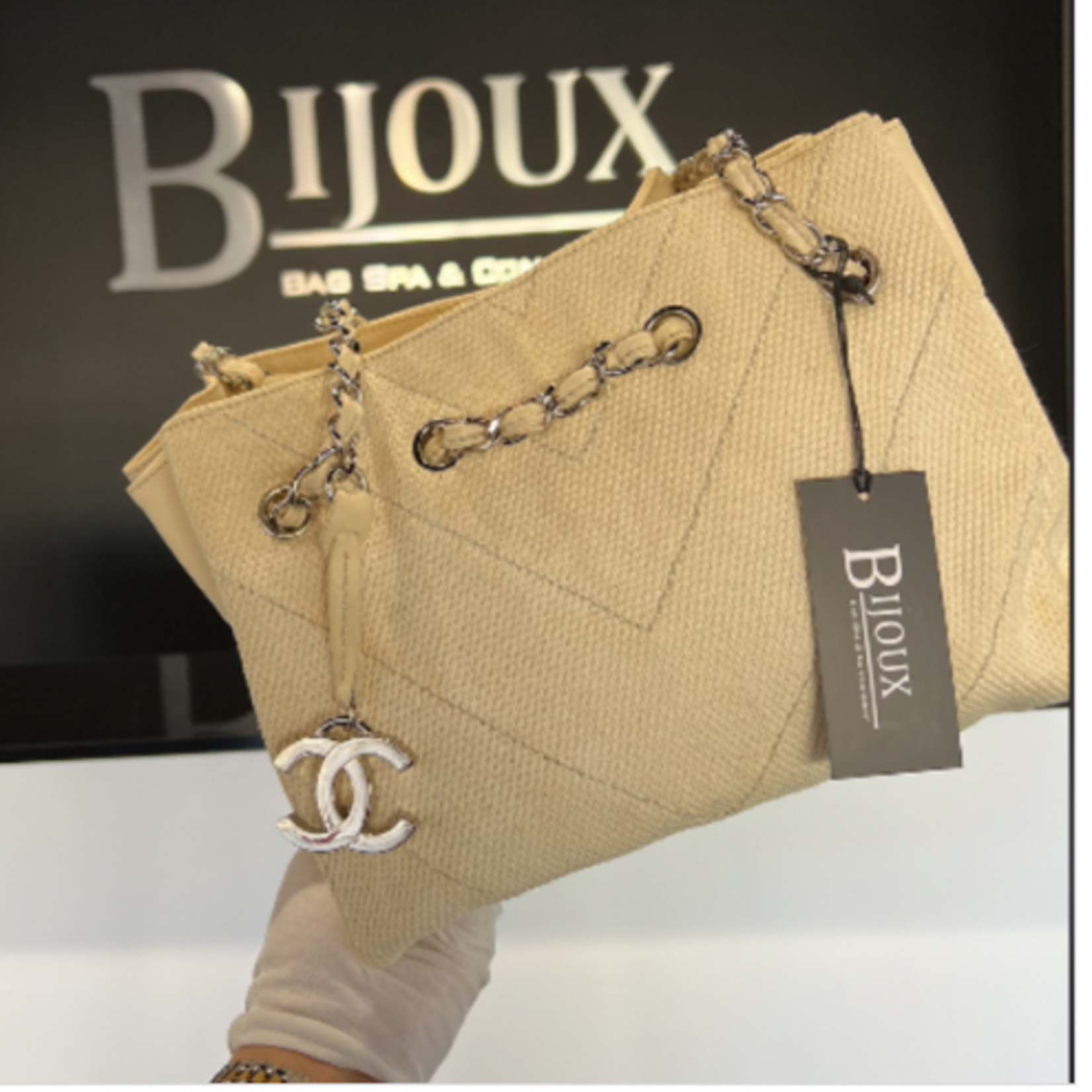 Chanel SOLD - CHANEL CHEVRON STITCH WHITE CANVAS TOTE BAG