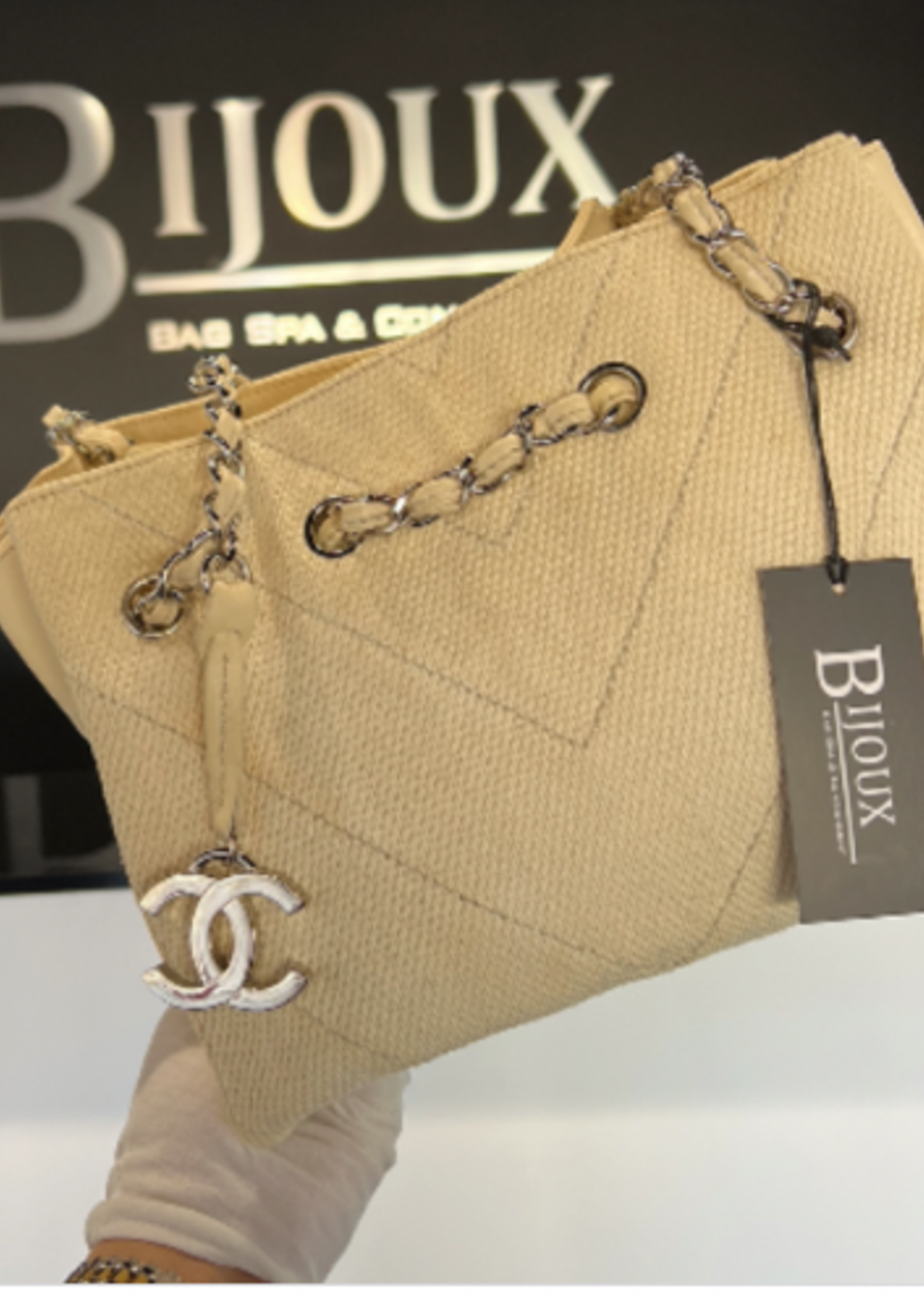 Chanel SOLD - CHANEL CHEVRON STITCH WHITE CANVAS TOTE BAG