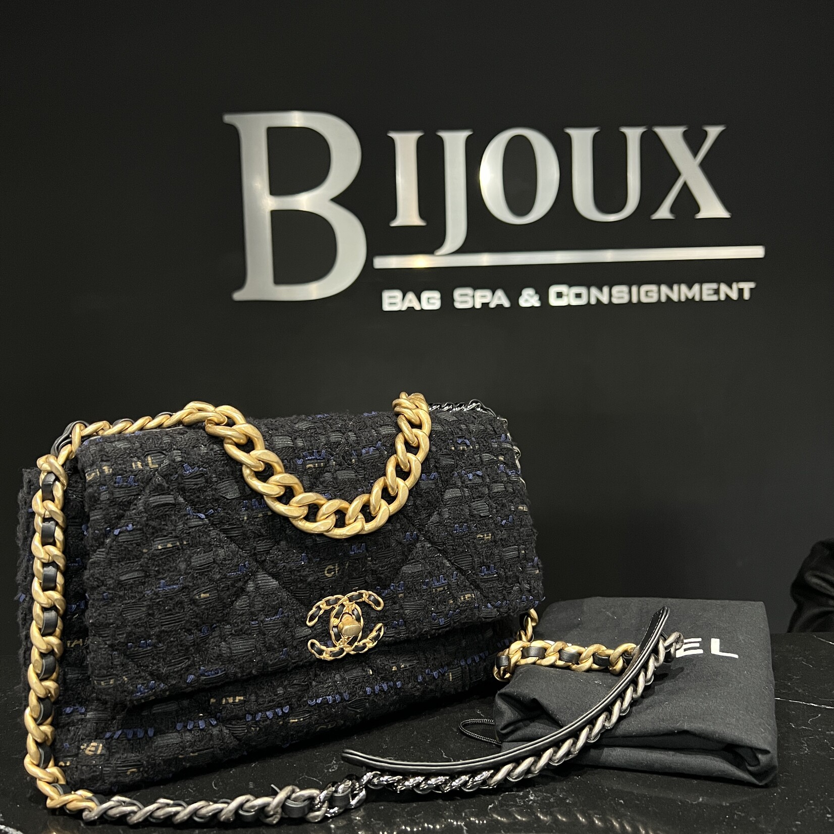 Chanel Chanel Large Black Tweed 19 Flap Bag