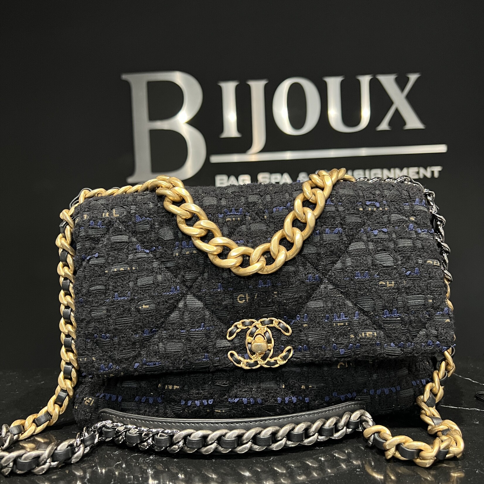 Chanel Chanel Large Black Tweed 19 Flap Bag