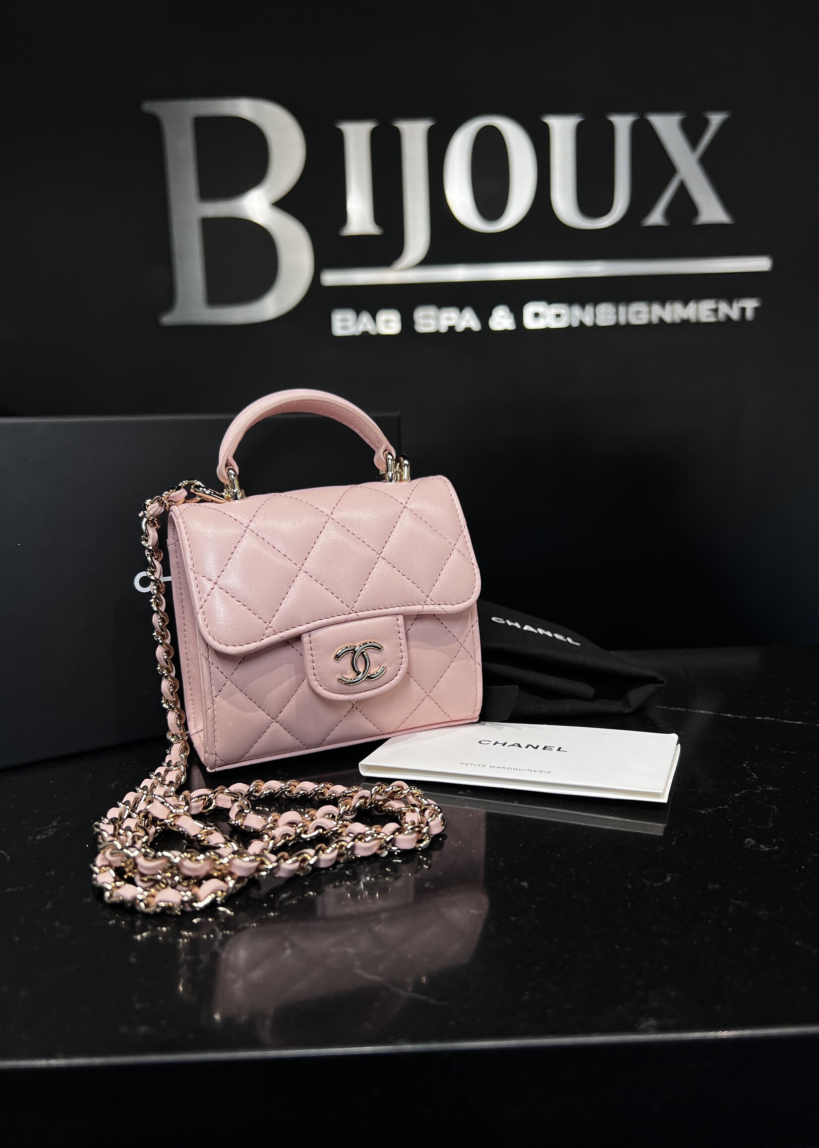 Chanel SOLD- Chanel Quilted Top Handle Flap Clutch With Chain