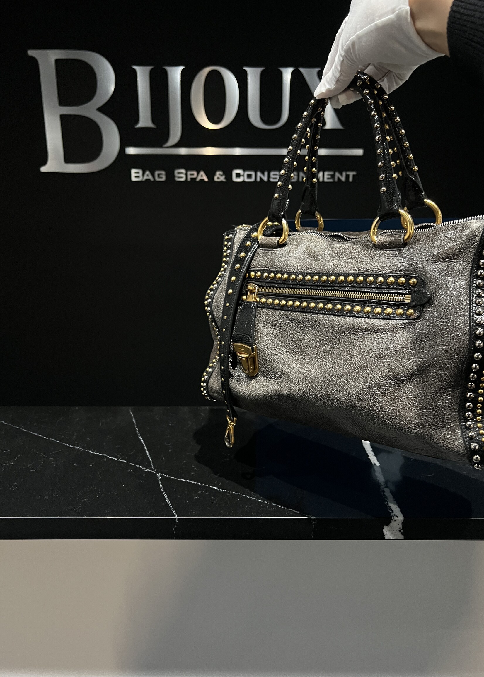 Prada SOLD - Prada Studded Craquele Handle Bag