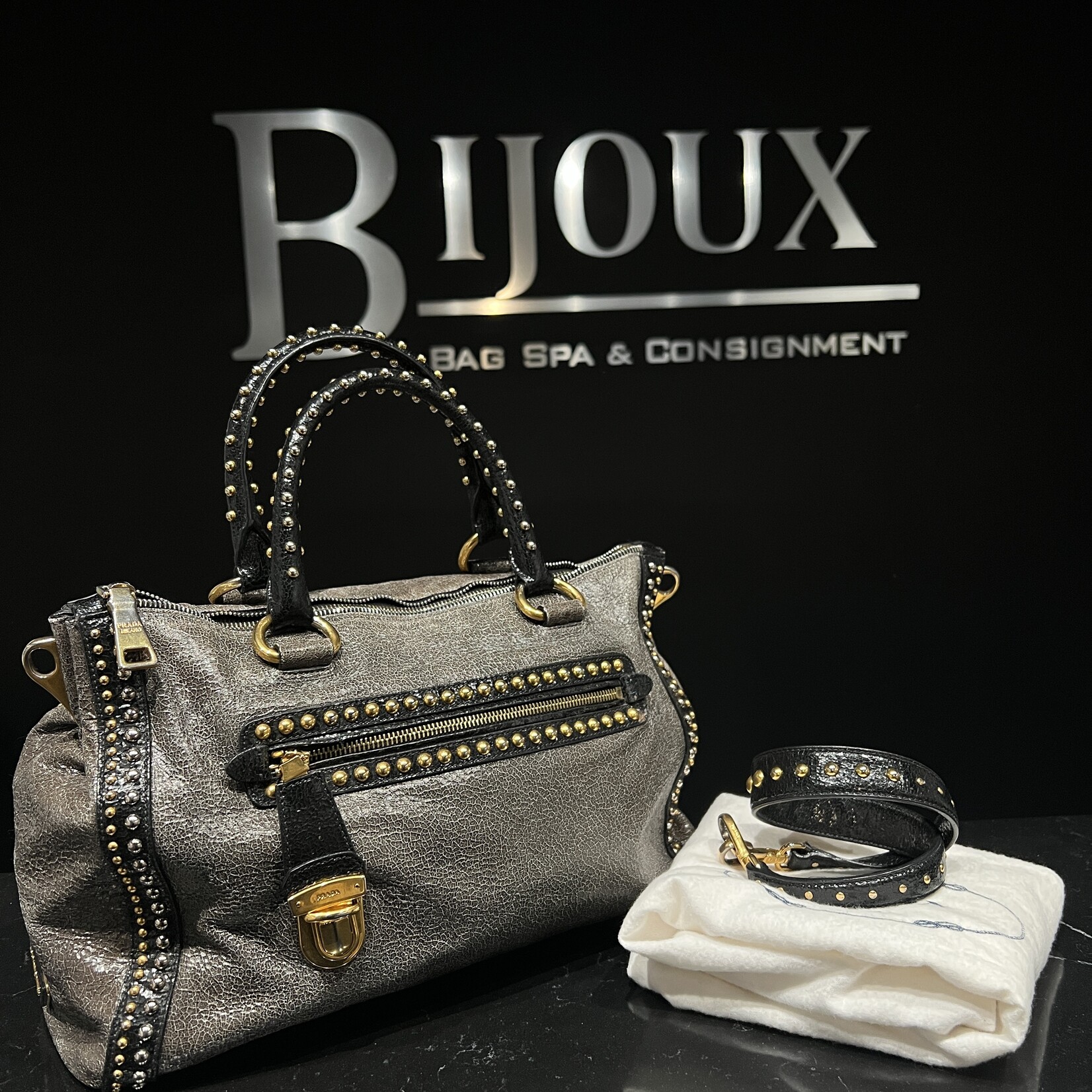 Prada Prada Studded Craquele Handle Bag