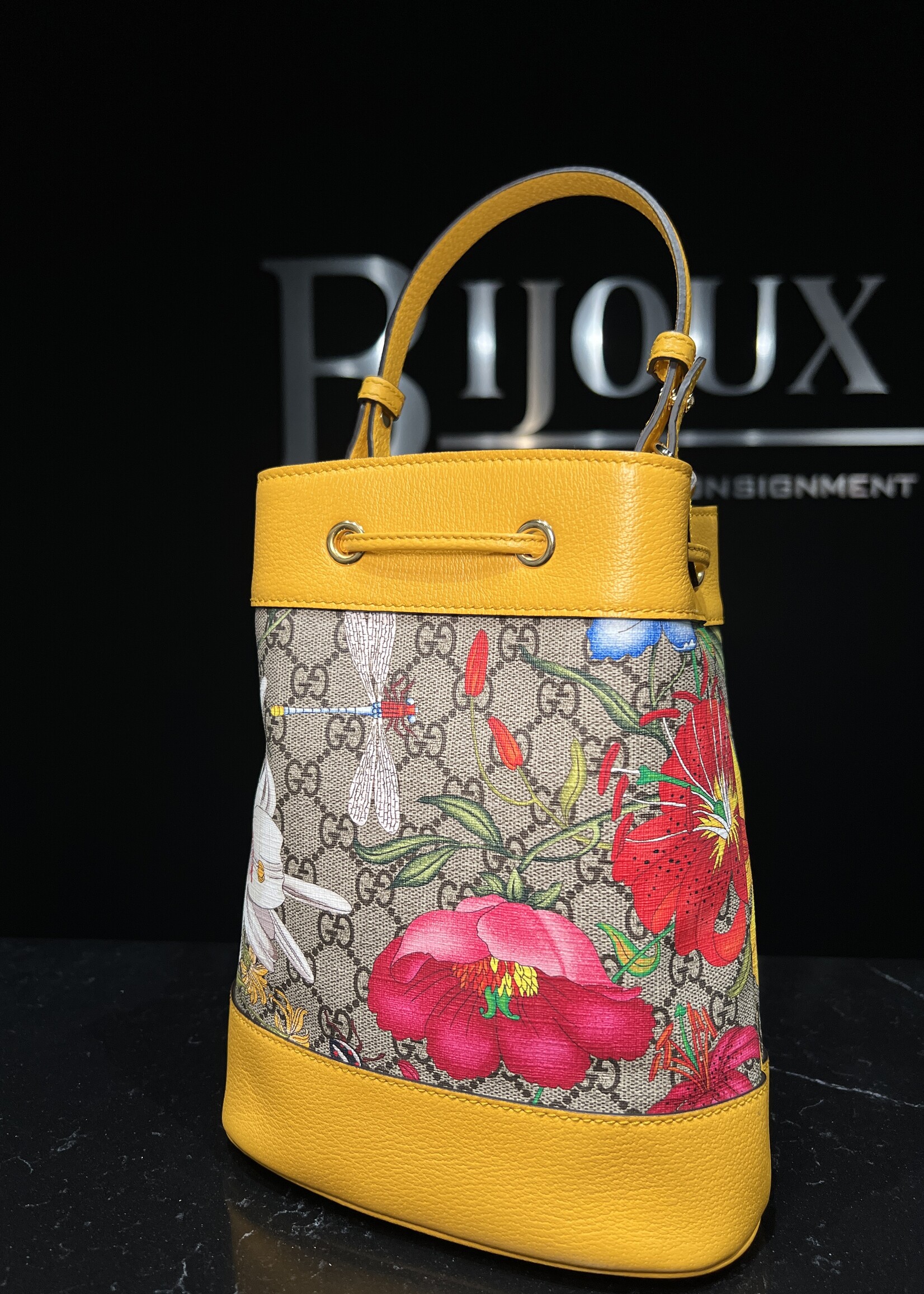 Gucci SOLD - Gucci Monogram Flora Small Ophidia Bucket Bag