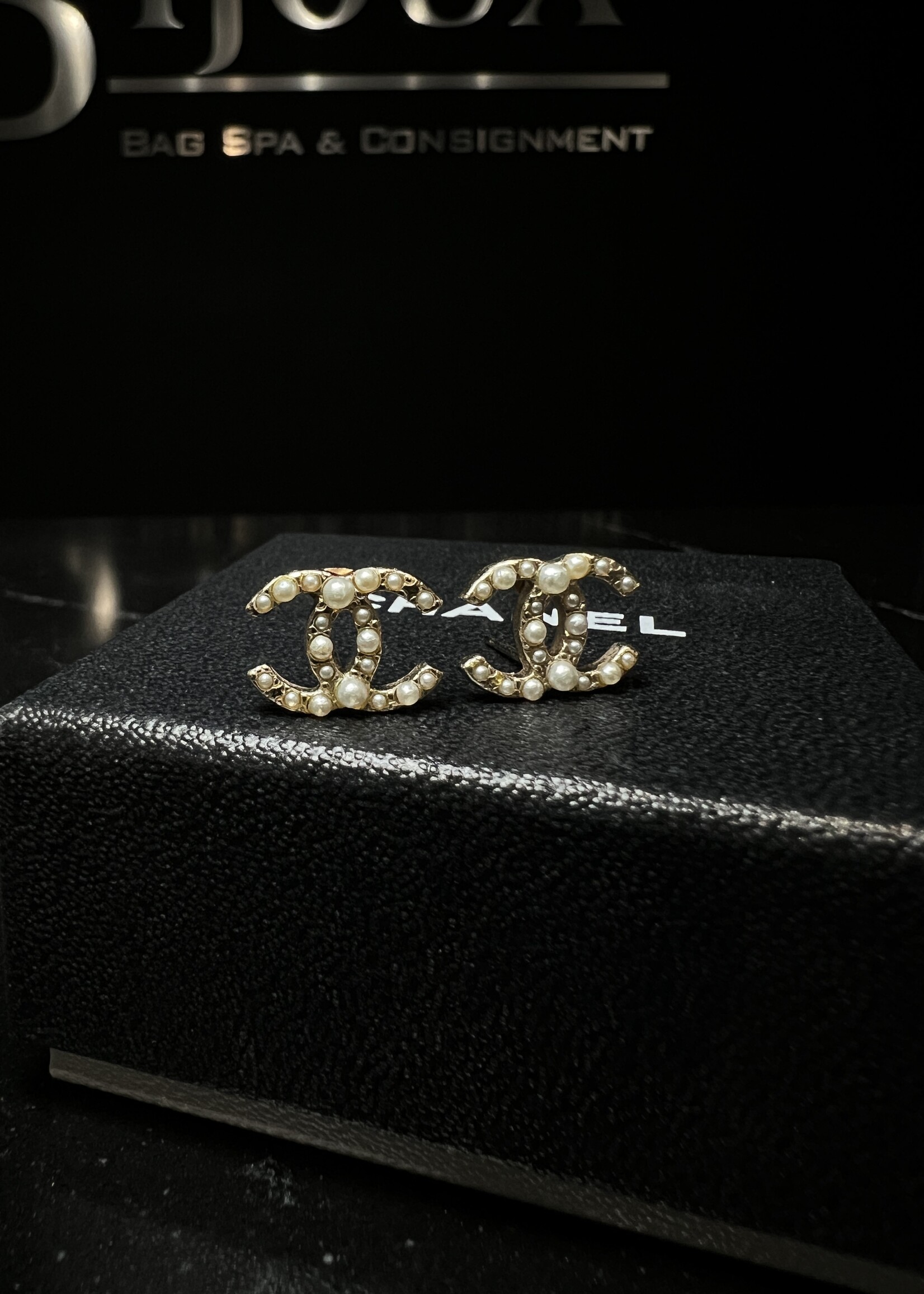 Chanel SOLD - Chanel Pearl Crystal CC Stud Earrings