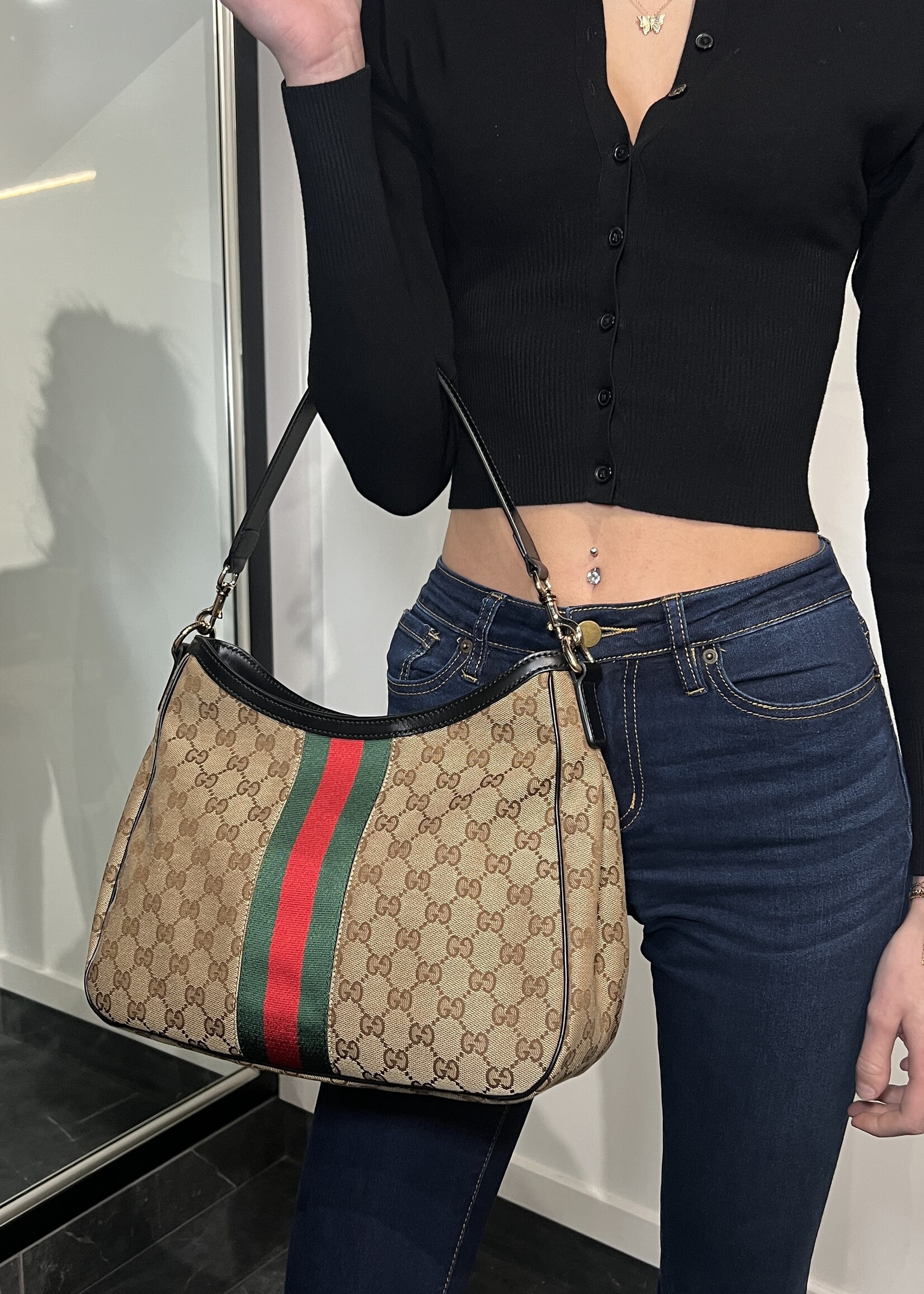 Gucci Gucci Canvas Web Sherry Line Shoulder Bag