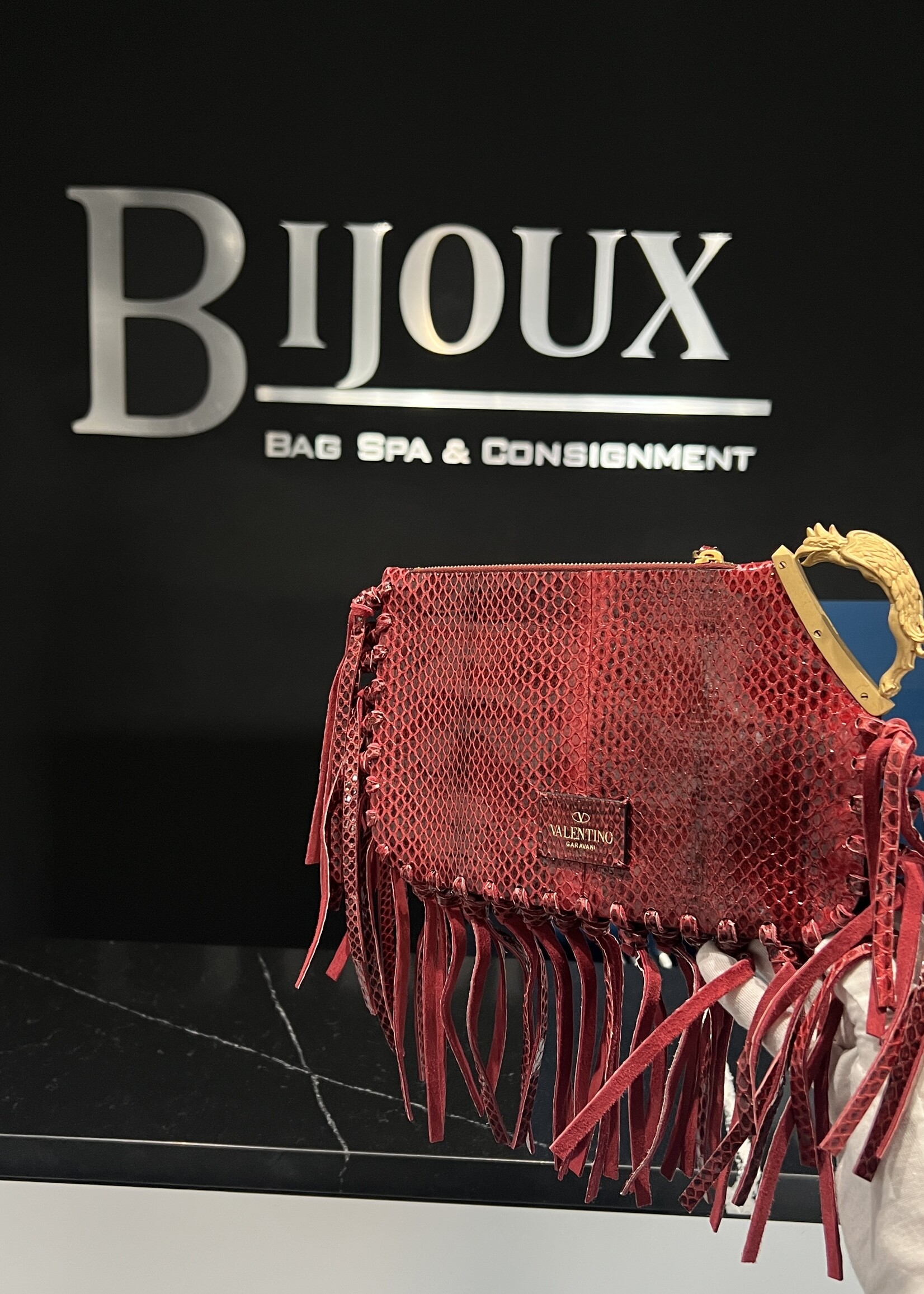 Valentino Valentino Burgundy Python Small Fringed Zip Pouch