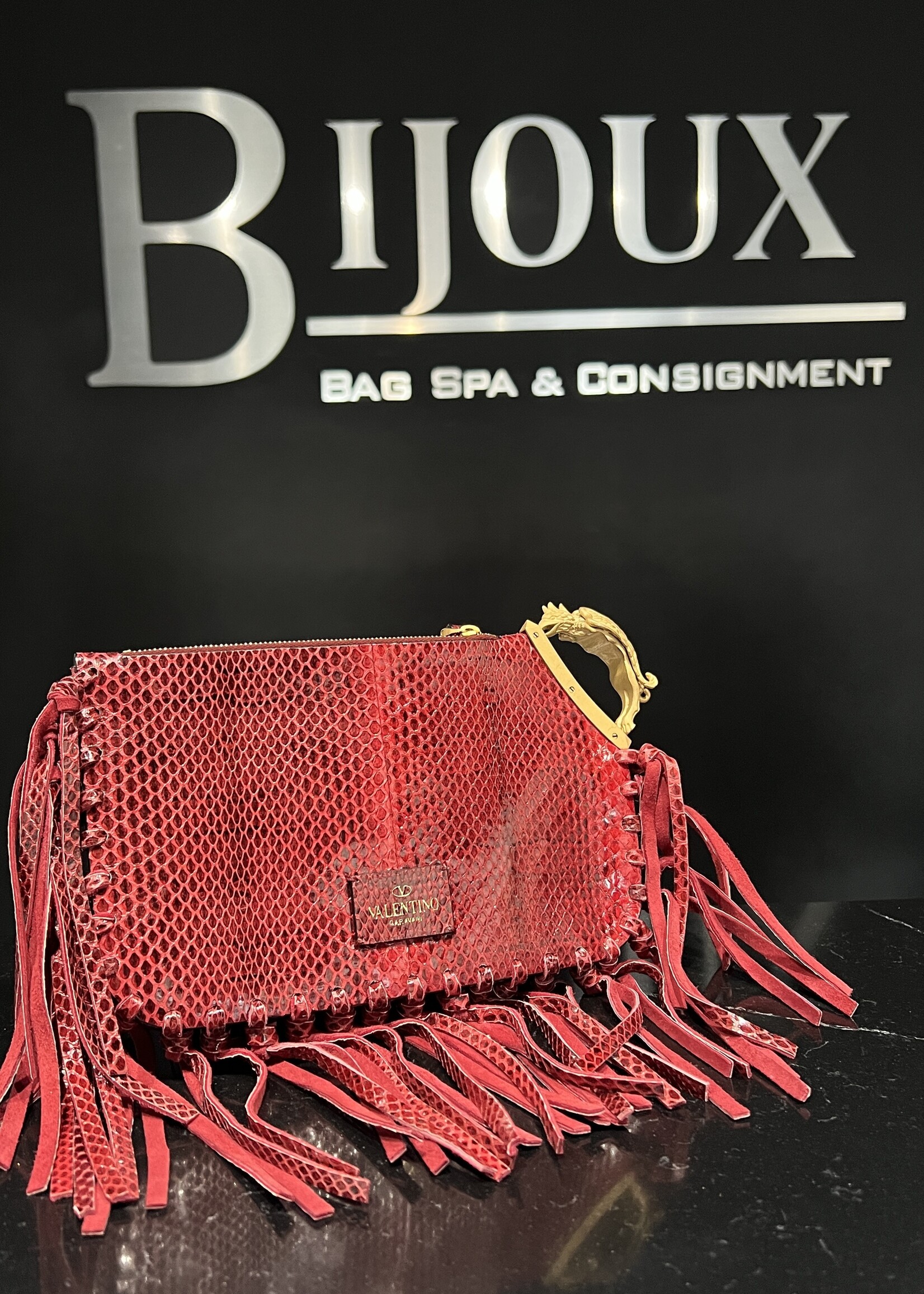 Valentino Valentino Burgundy Python Small Fringed Zip Pouch