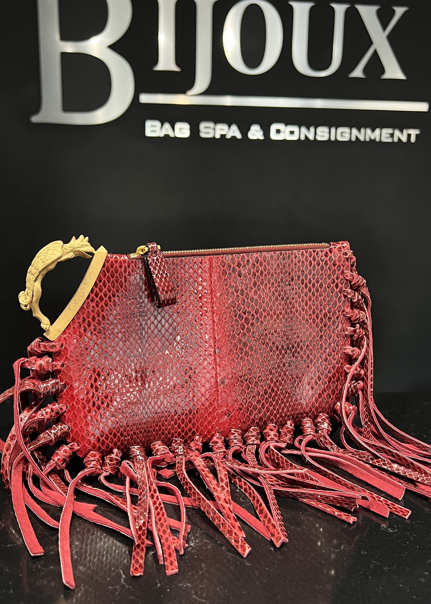 Valentino Valentino Burgundy Python Small Fringed Zip Pouch