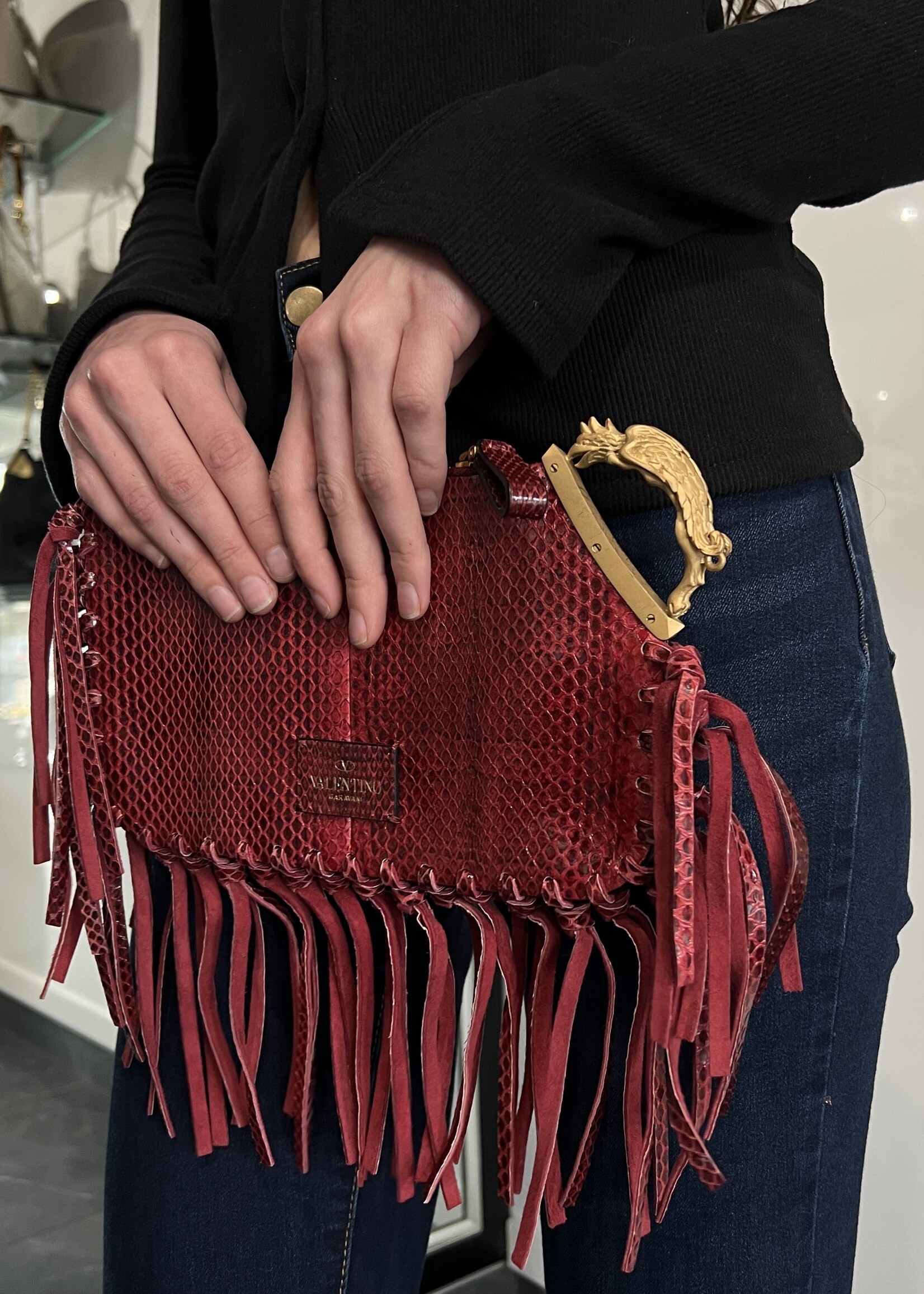 Valentino Valentino Burgundy Python Small Fringed Zip Pouch
