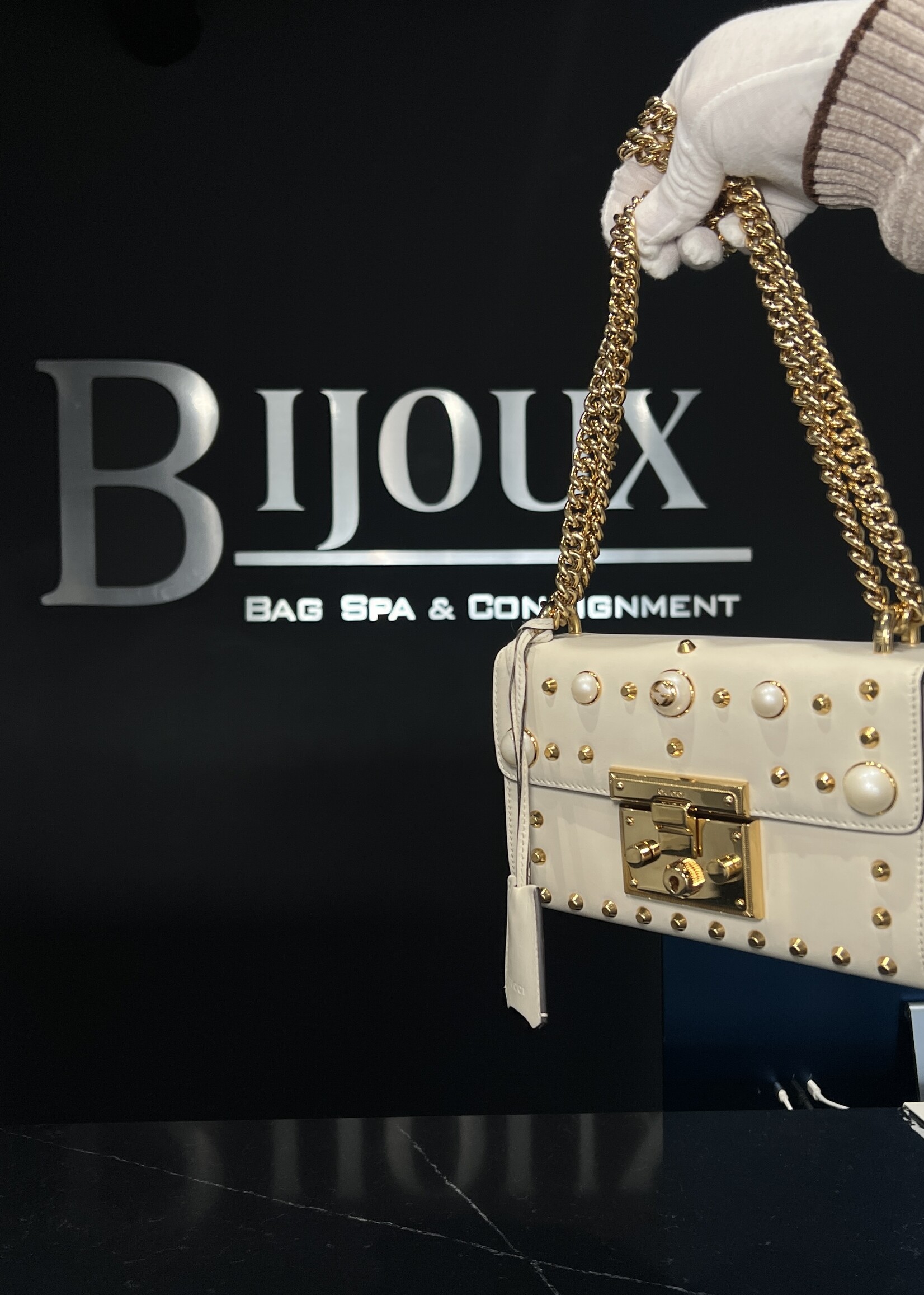 Gucci Gucci White Pearl Studded Padlock Shoulder Bag