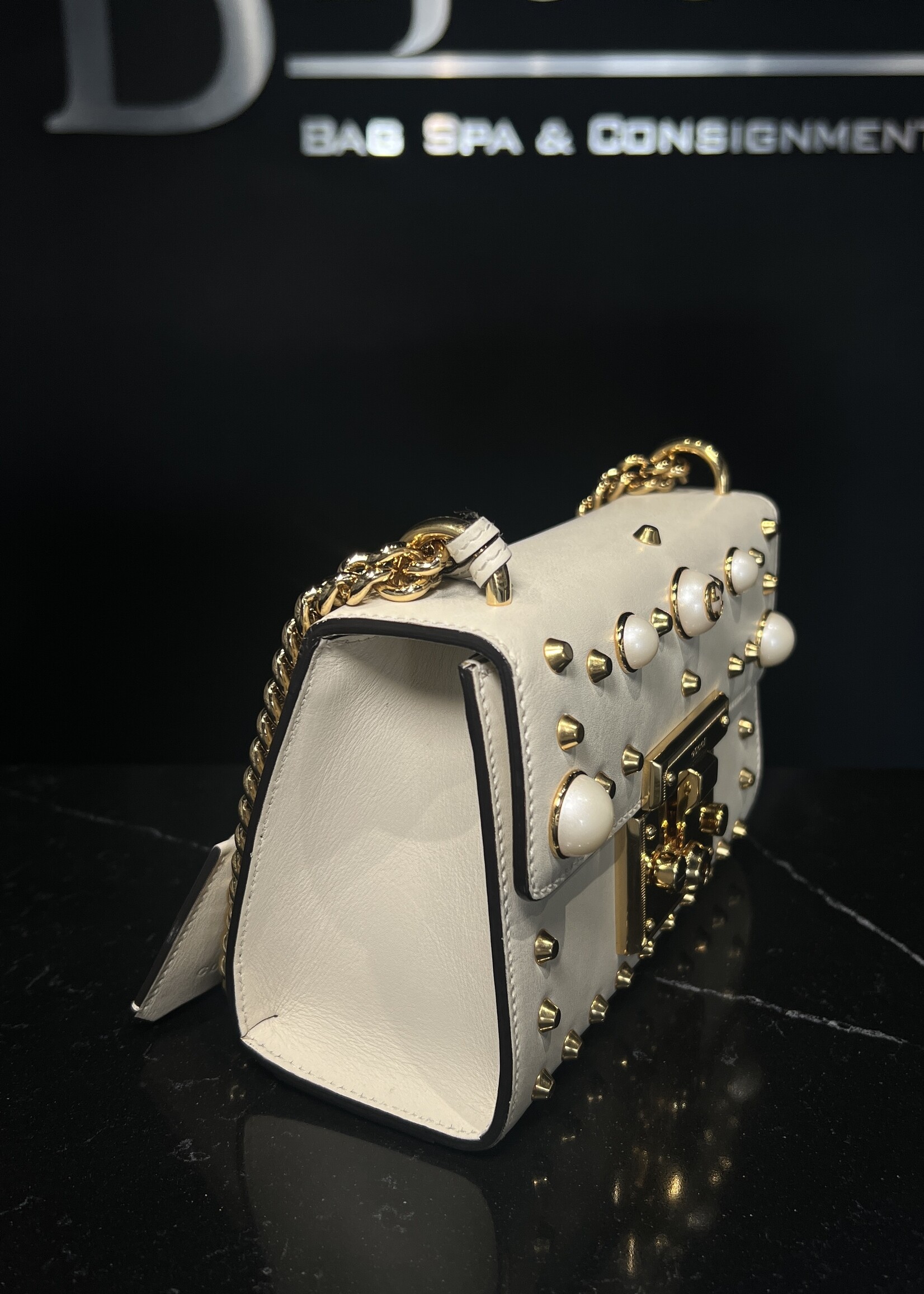 Gucci Gucci White Pearl Studded Padlock Shoulder Bag