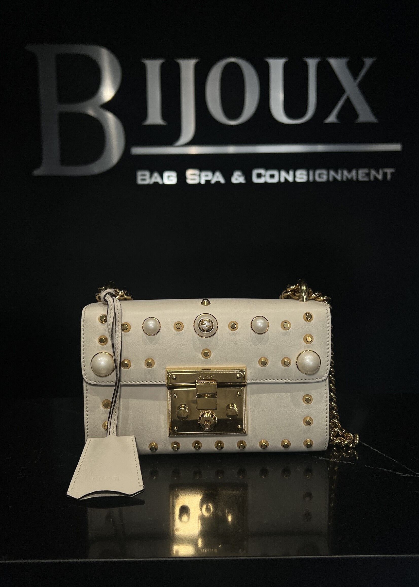 Gucci Gucci White Pearl Studded Padlock Shoulder Bag