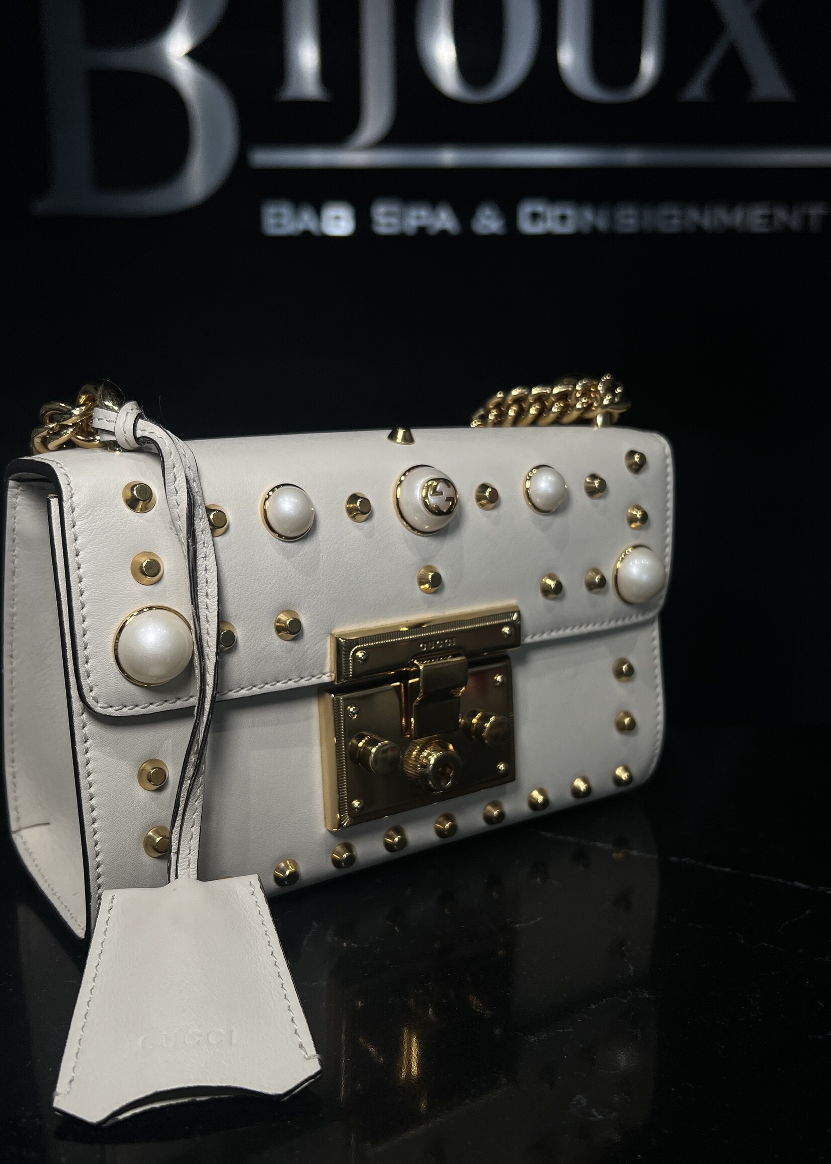 Gucci Gucci White Pearl Studded Padlock Shoulder Bag