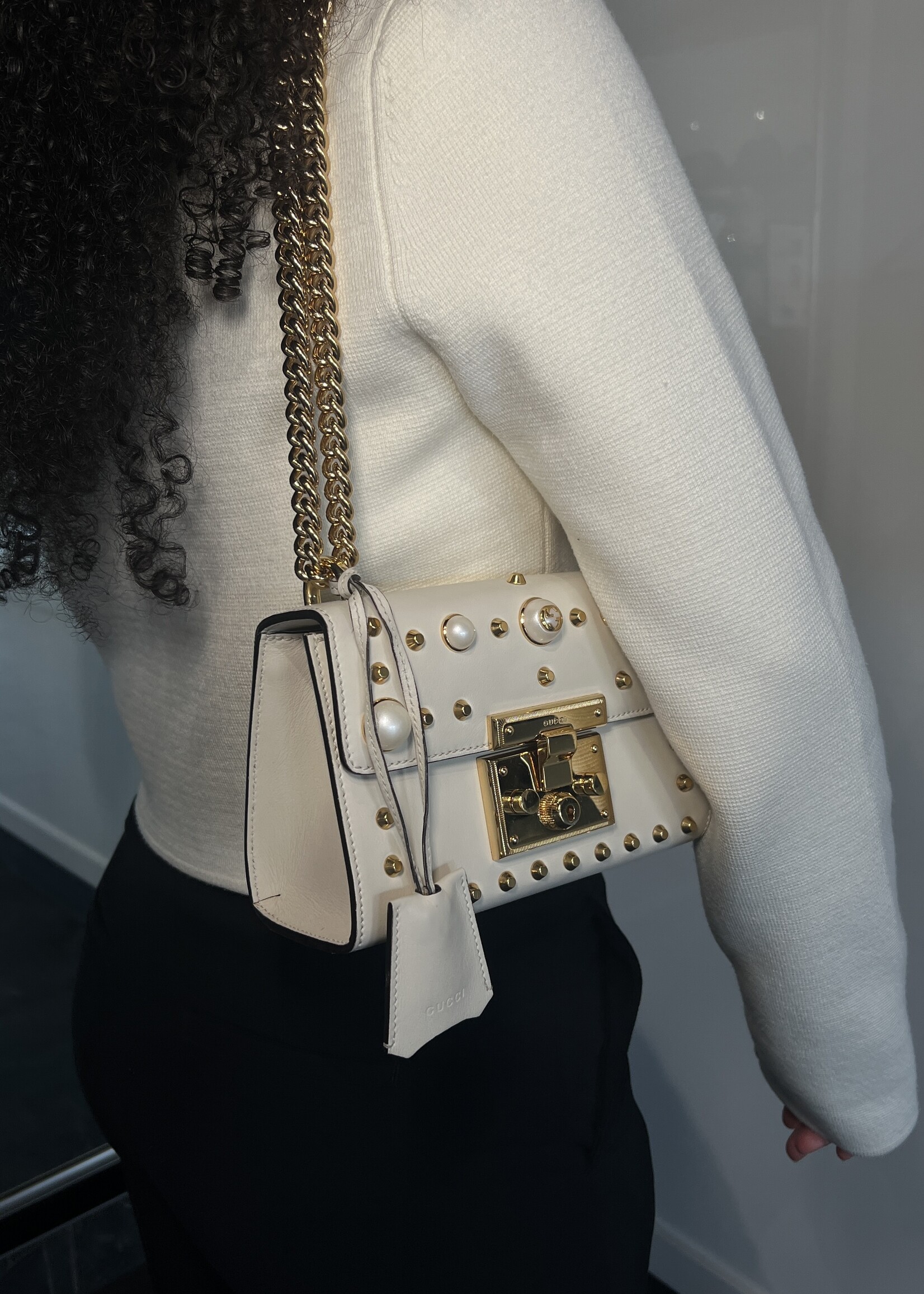 Gucci Gucci White Pearl Studded Padlock Shoulder Bag