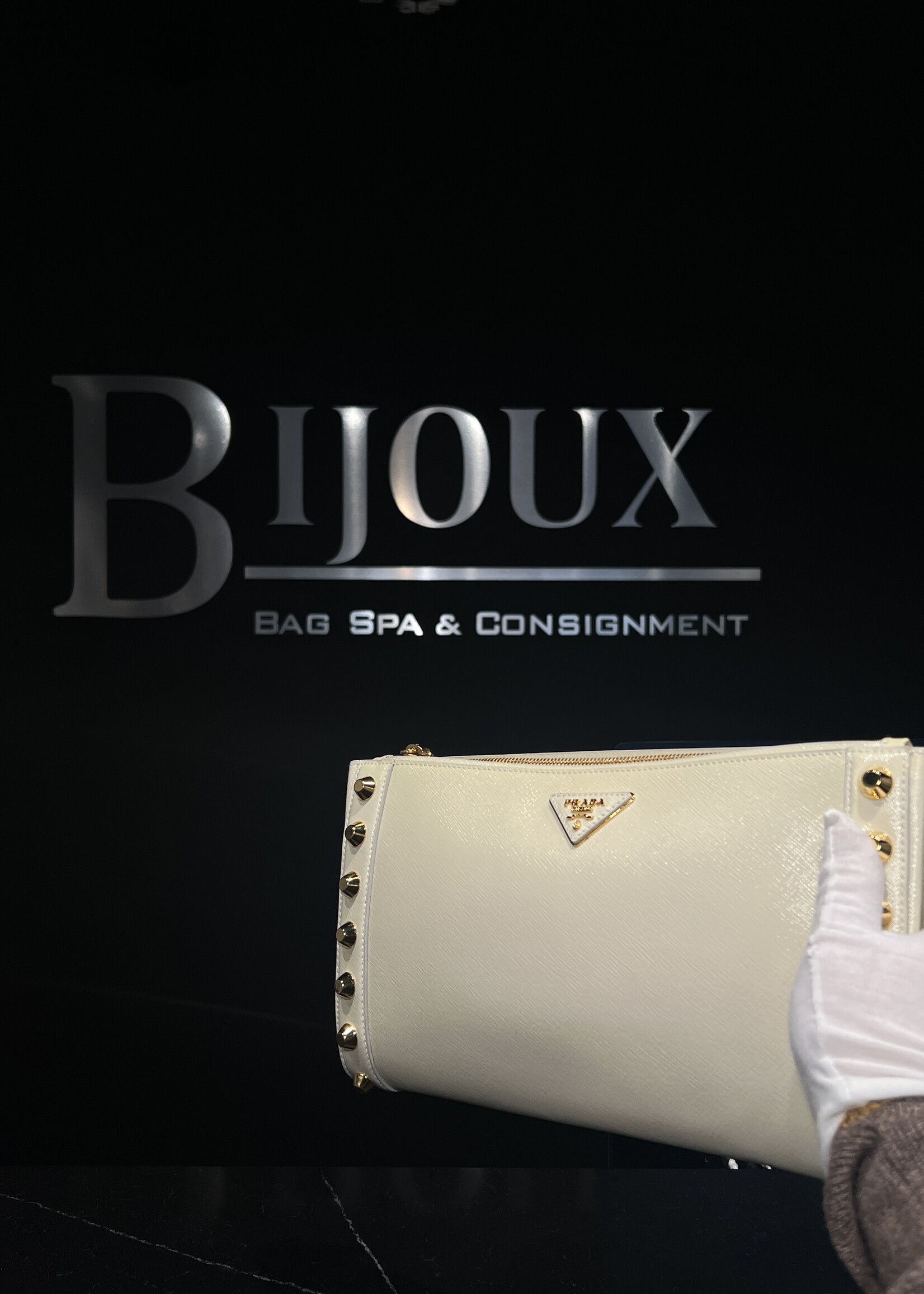 Prada Prada Saffiano Vernice Studded Clutch