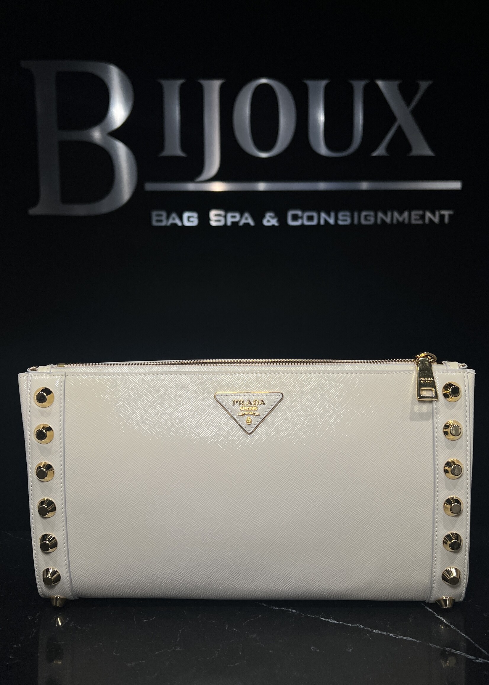 Prada Prada Saffiano Vernice Studded Clutch
