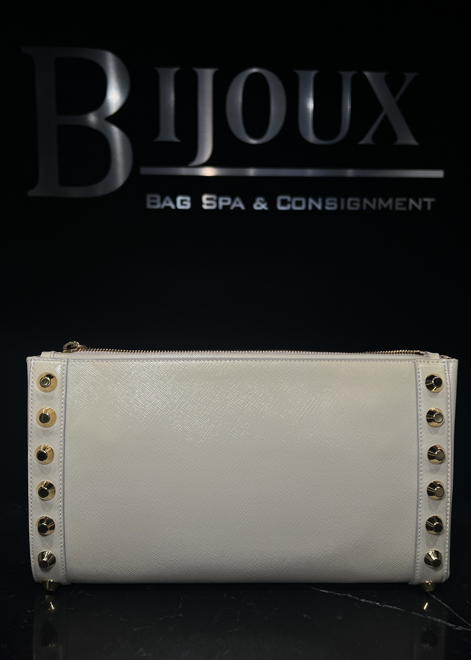 Prada Prada Saffiano Vernice Studded Clutch