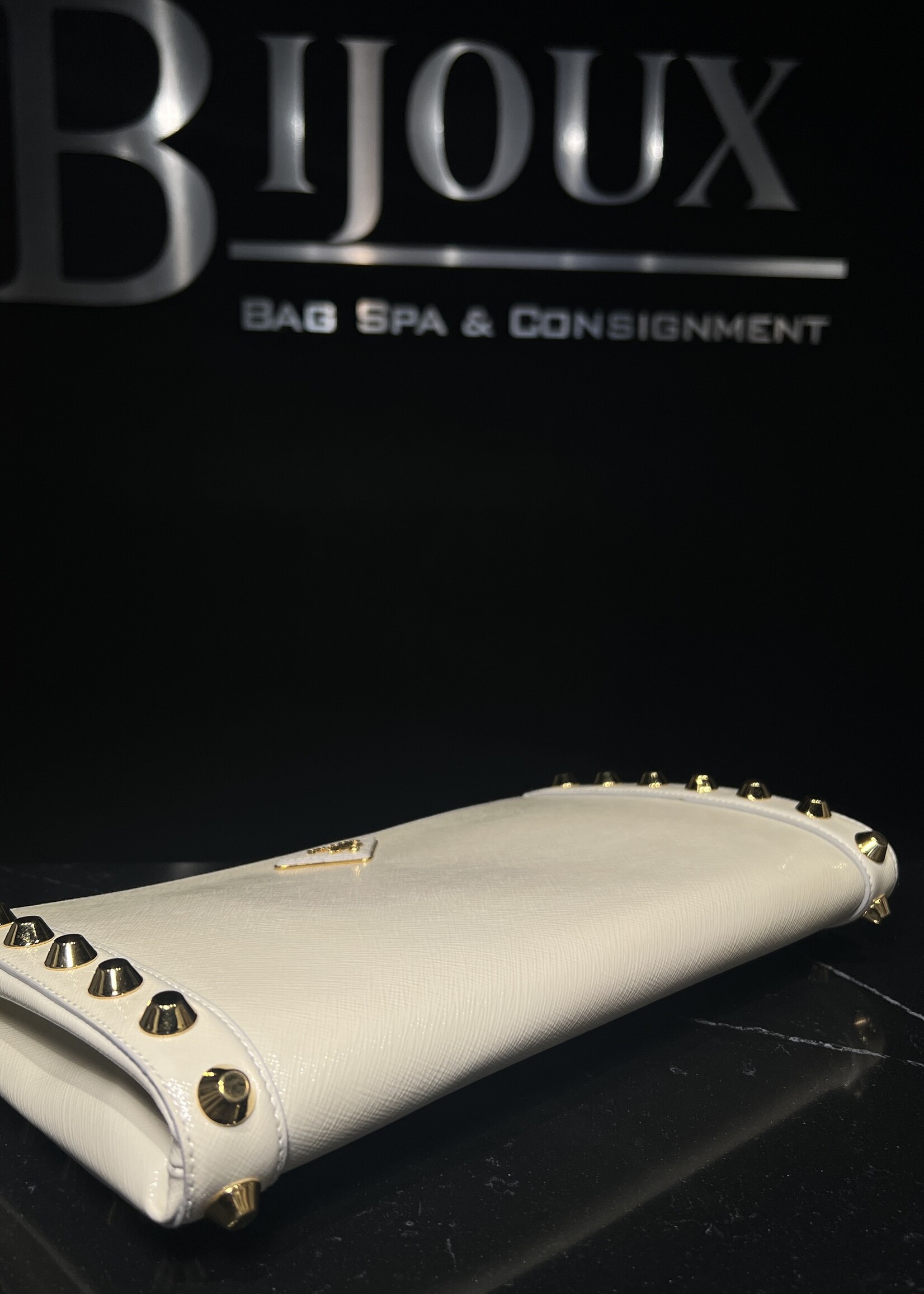 Prada Prada Saffiano Vernice Studded Clutch