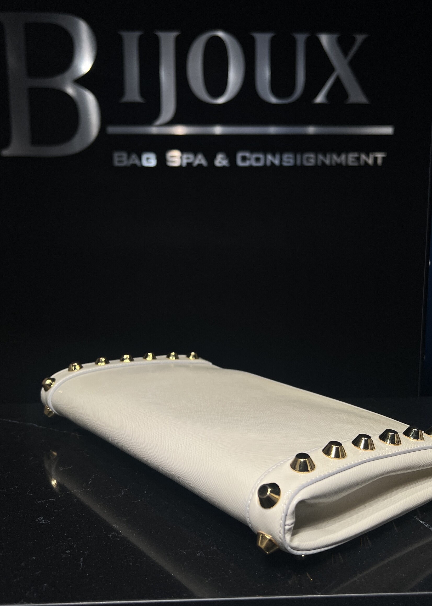 Prada Prada Saffiano Vernice Studded Clutch