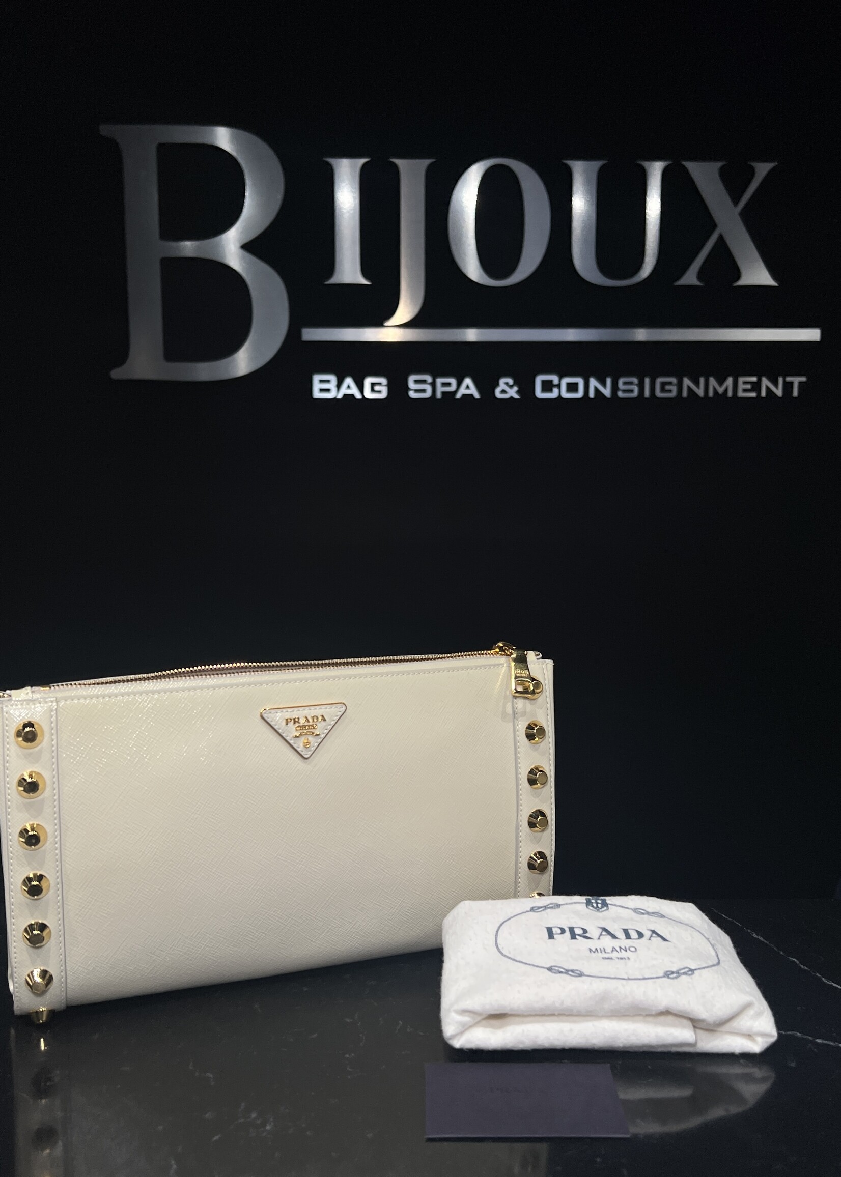 Prada Prada Saffiano Vernice Studded Clutch