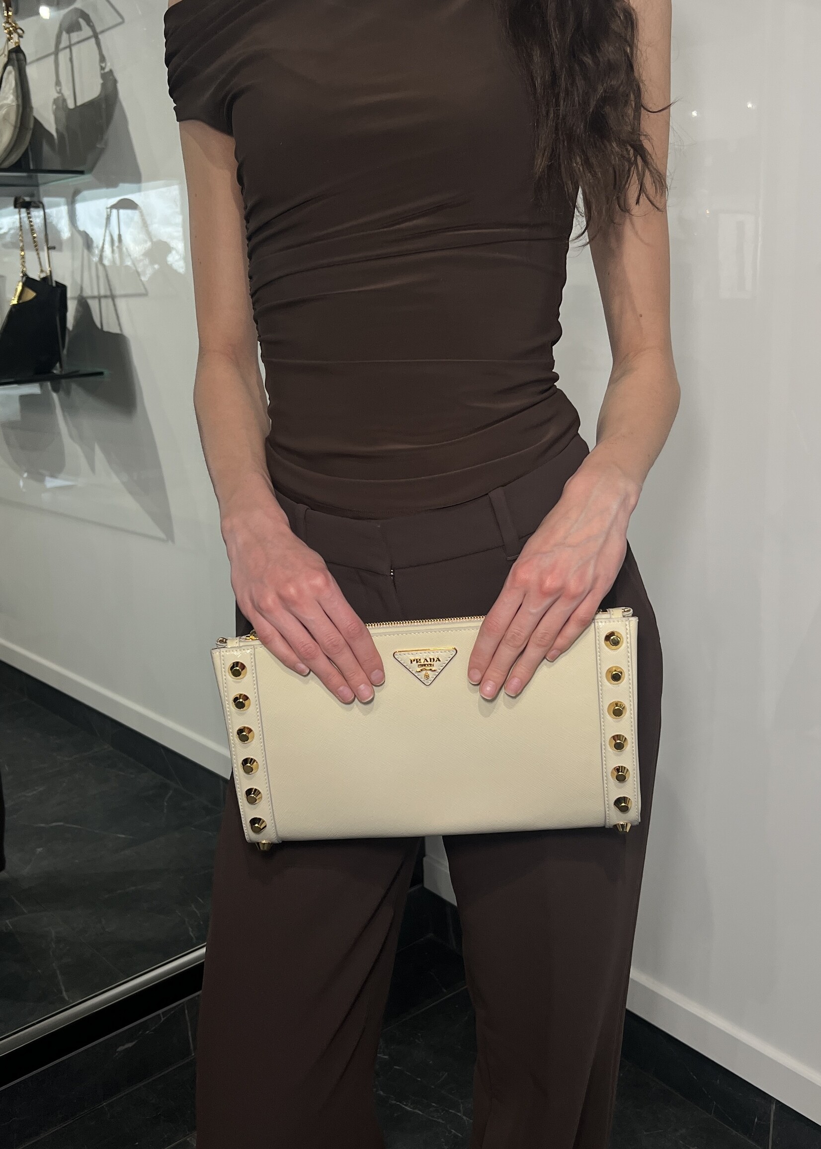 Prada Prada Saffiano Vernice Studded Clutch