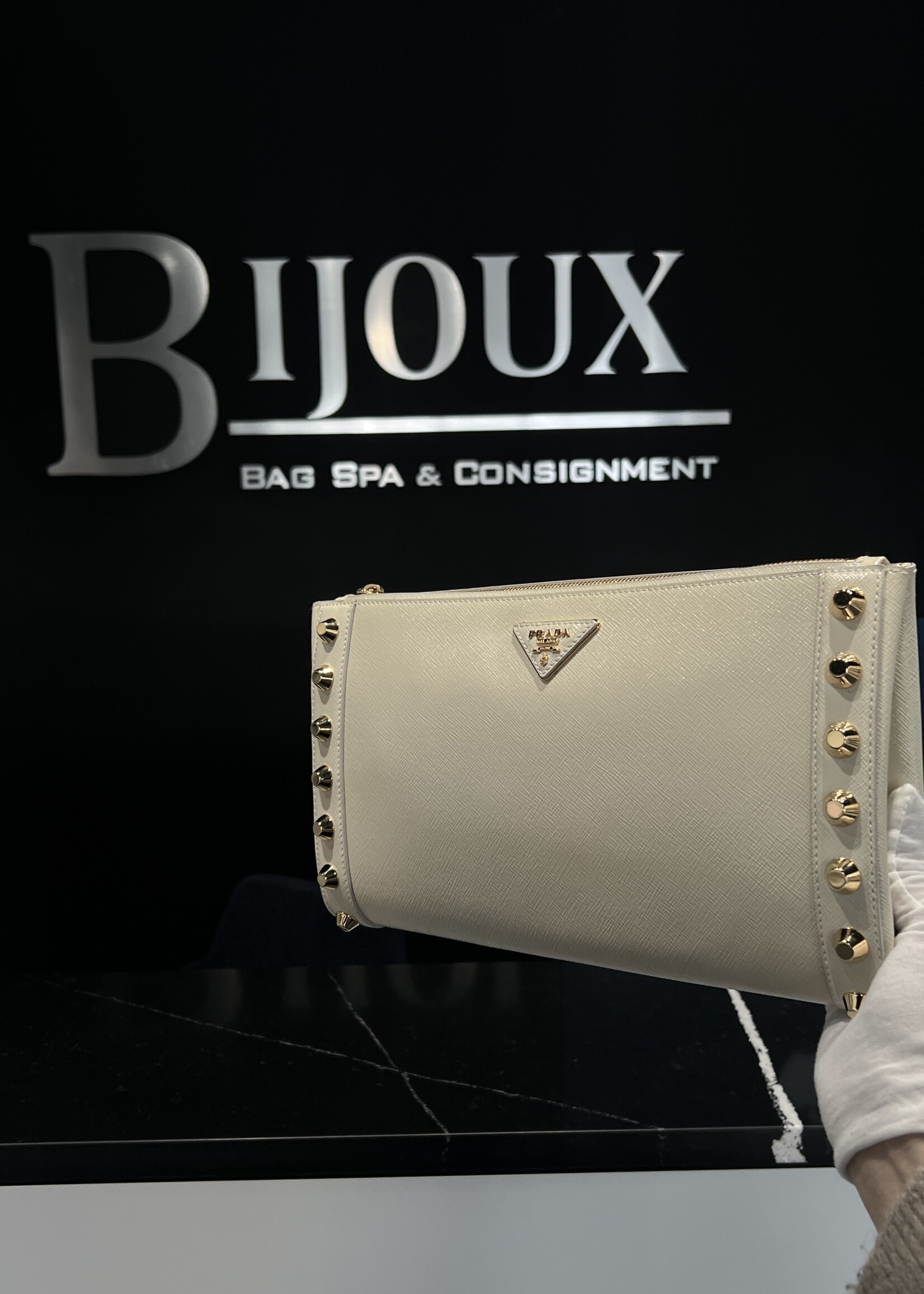 Prada SOLD- Prada Saffiano Vernice Studded Clutch