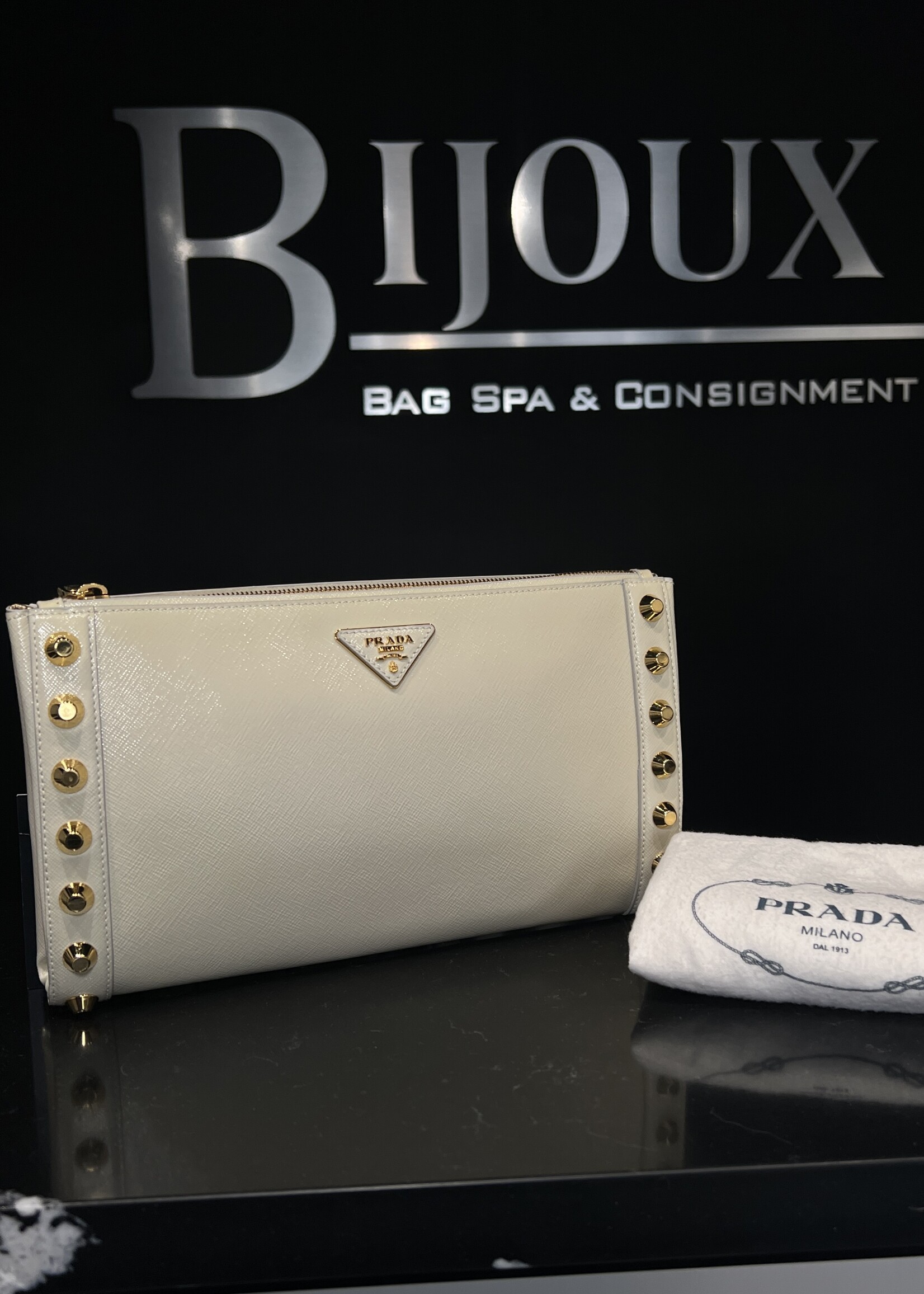 Prada SOLD- Prada Saffiano Vernice Studded Clutch