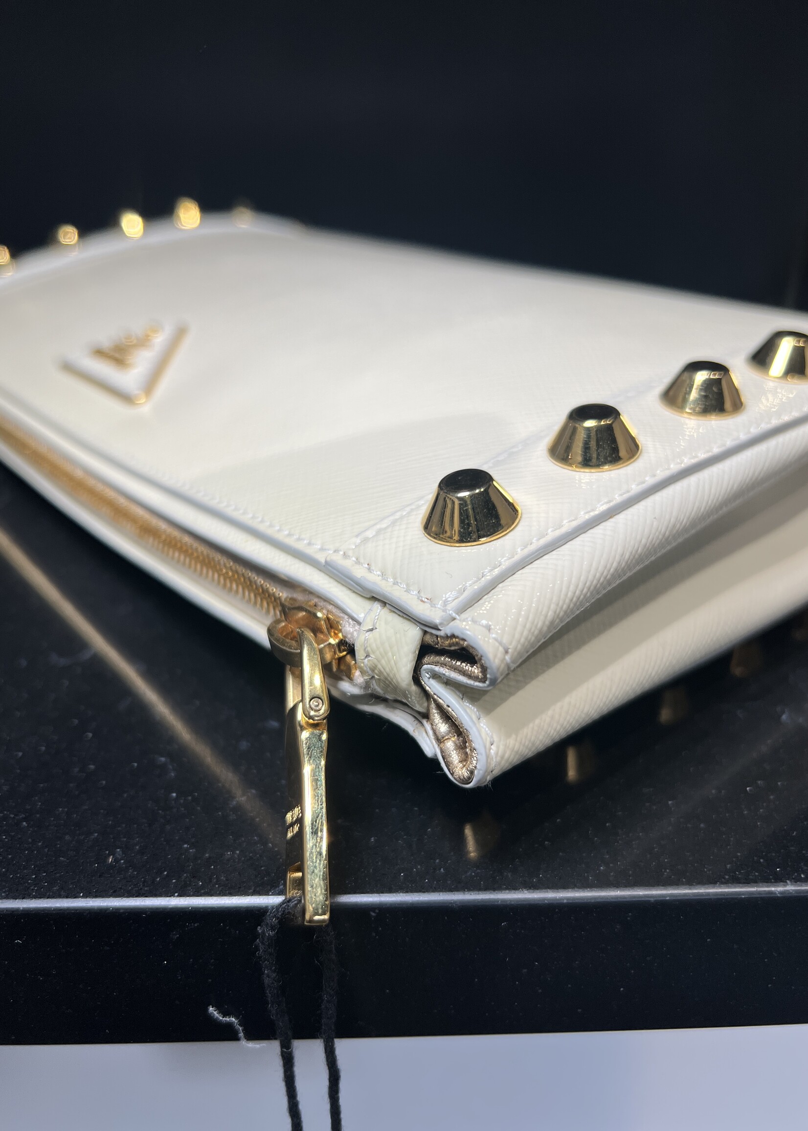 Prada SOLD- Prada Saffiano Vernice Studded Clutch