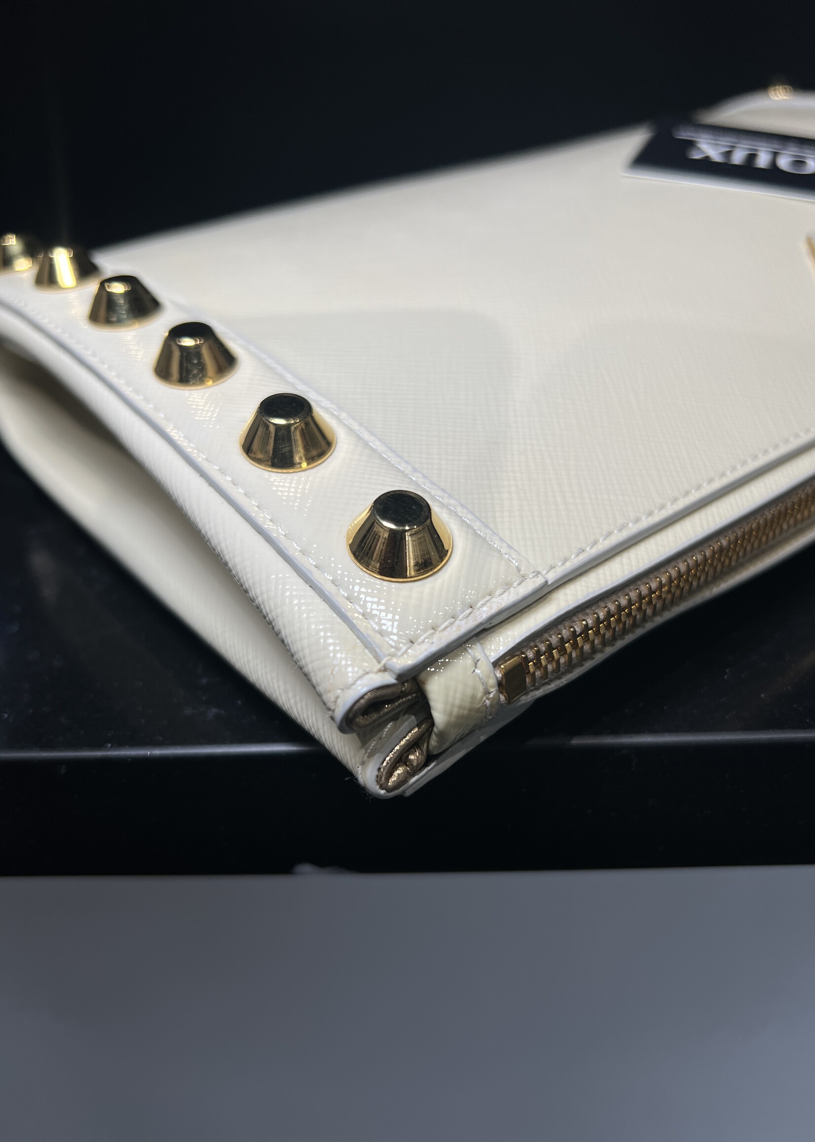 Prada SOLD- Prada Saffiano Vernice Studded Clutch