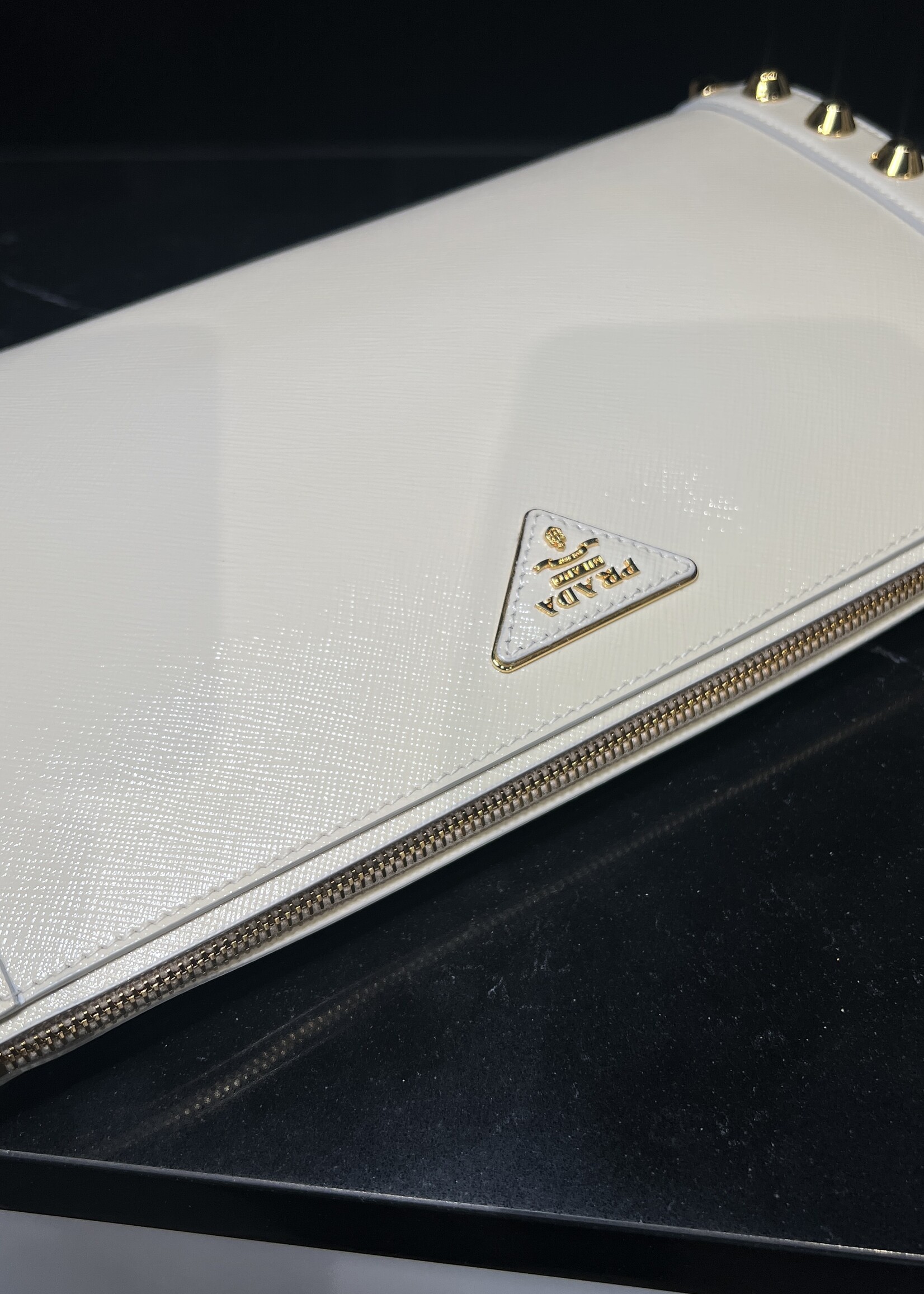 Prada SOLD- Prada Saffiano Vernice Studded Clutch