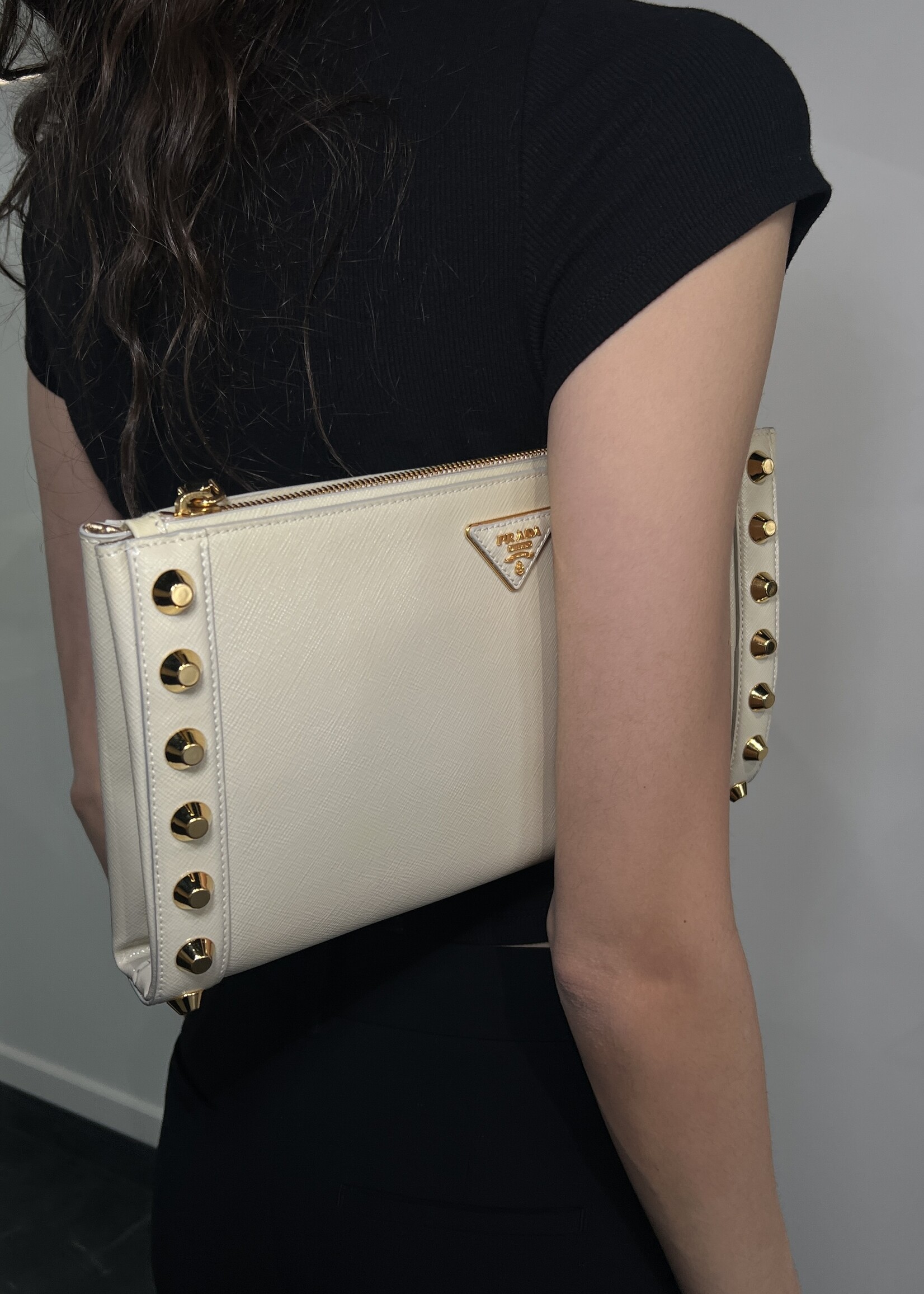 Prada SOLD- Prada Saffiano Vernice Studded Clutch