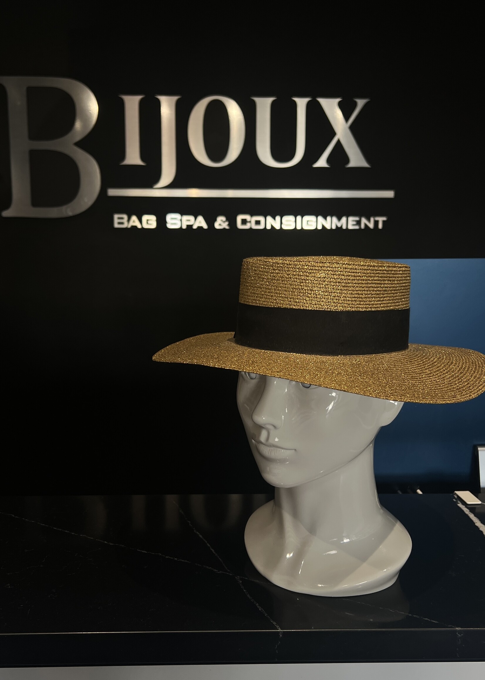 Gucci Gucci Grosgrain Trimmed Glittered Margaret Straw Hat