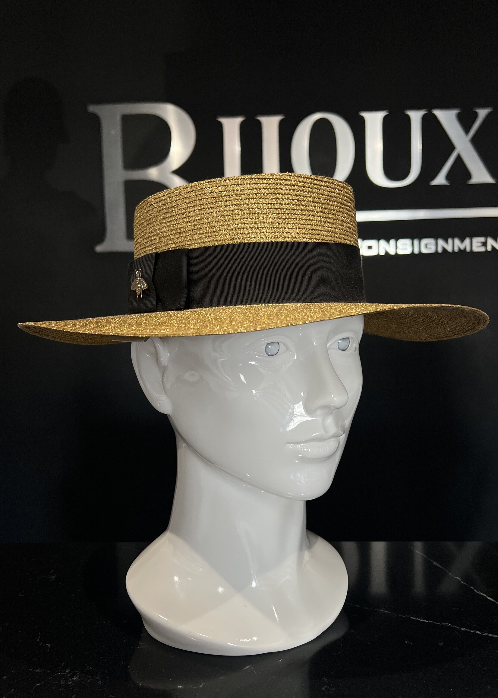 Gucci Gucci Grosgrain Trimmed Glittered Margaret Straw Hat