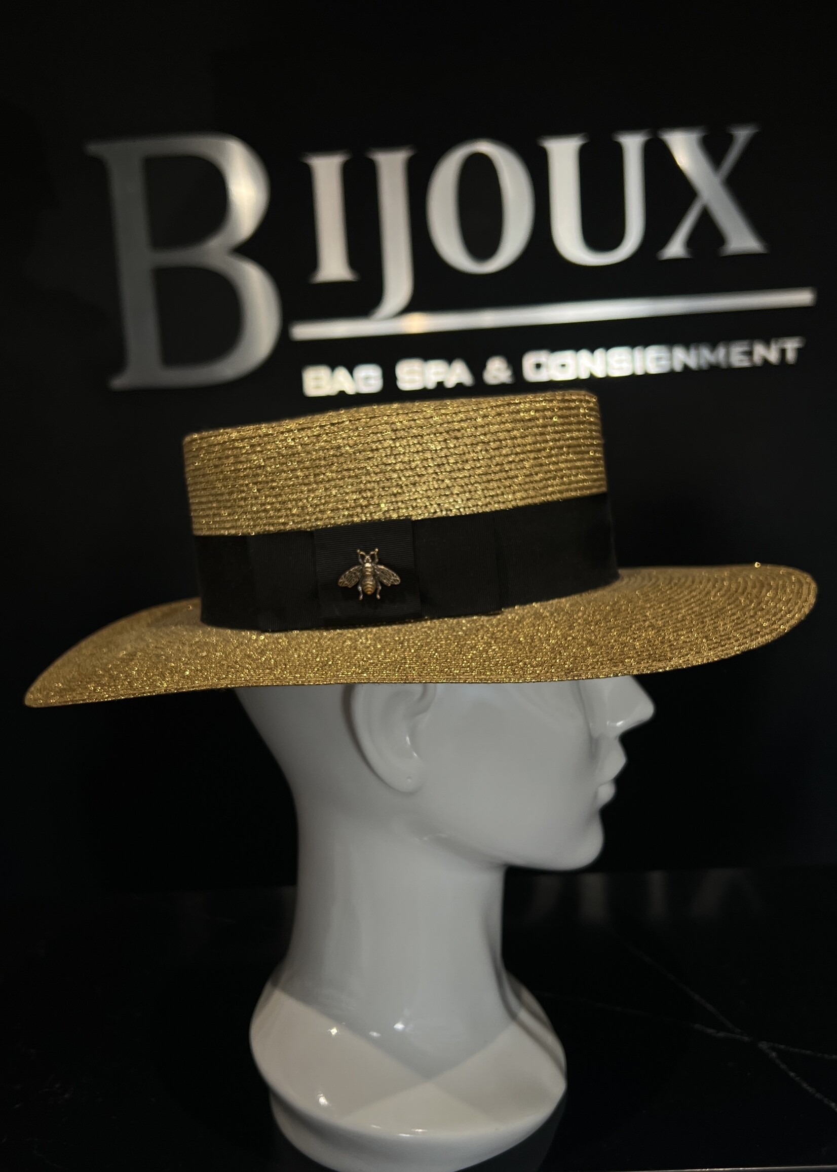 Gucci Gucci Grosgrain Trimmed Glittered Margaret Straw Hat