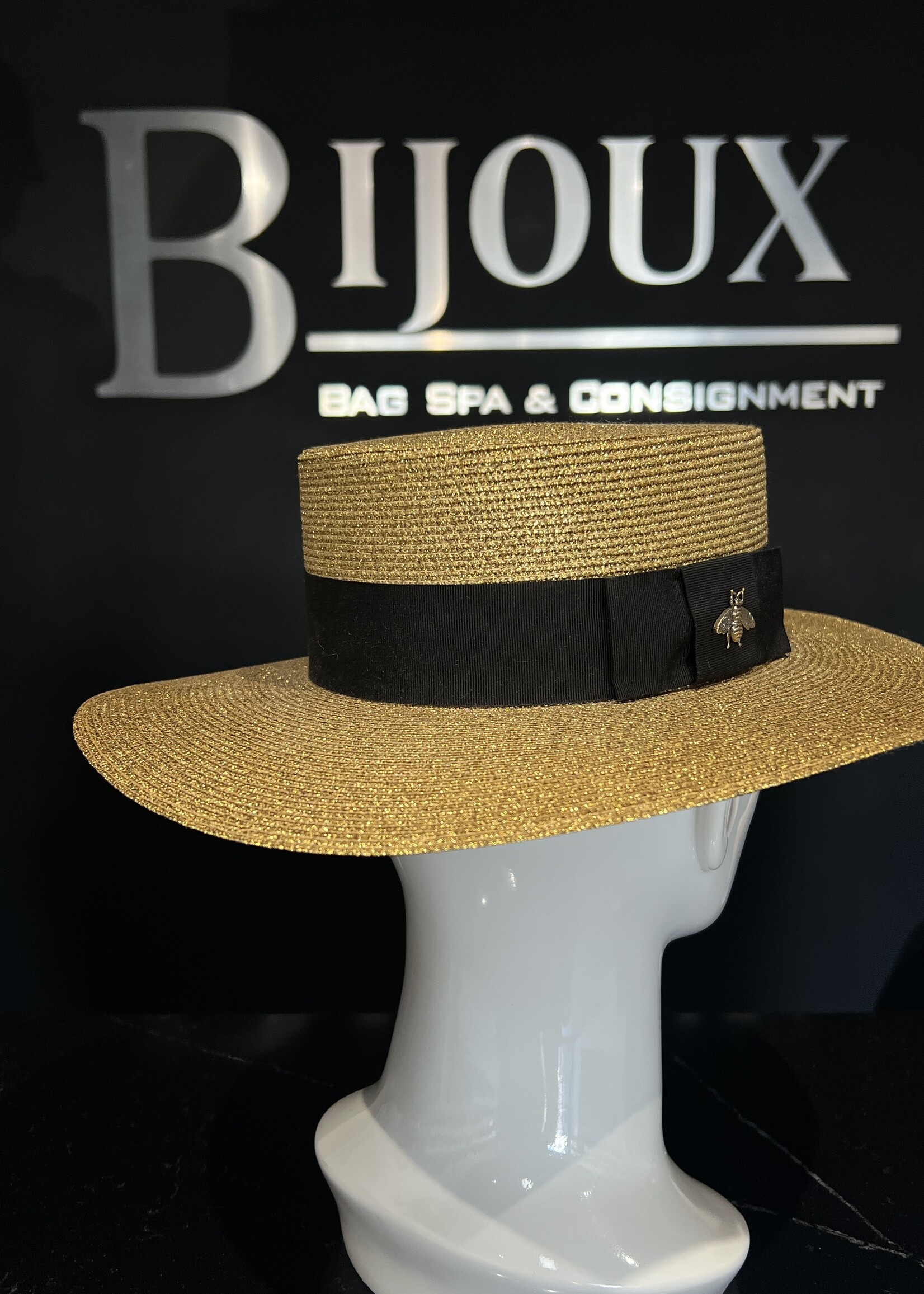 Gucci Gucci Grosgrain Trimmed Glittered Margaret Straw Hat