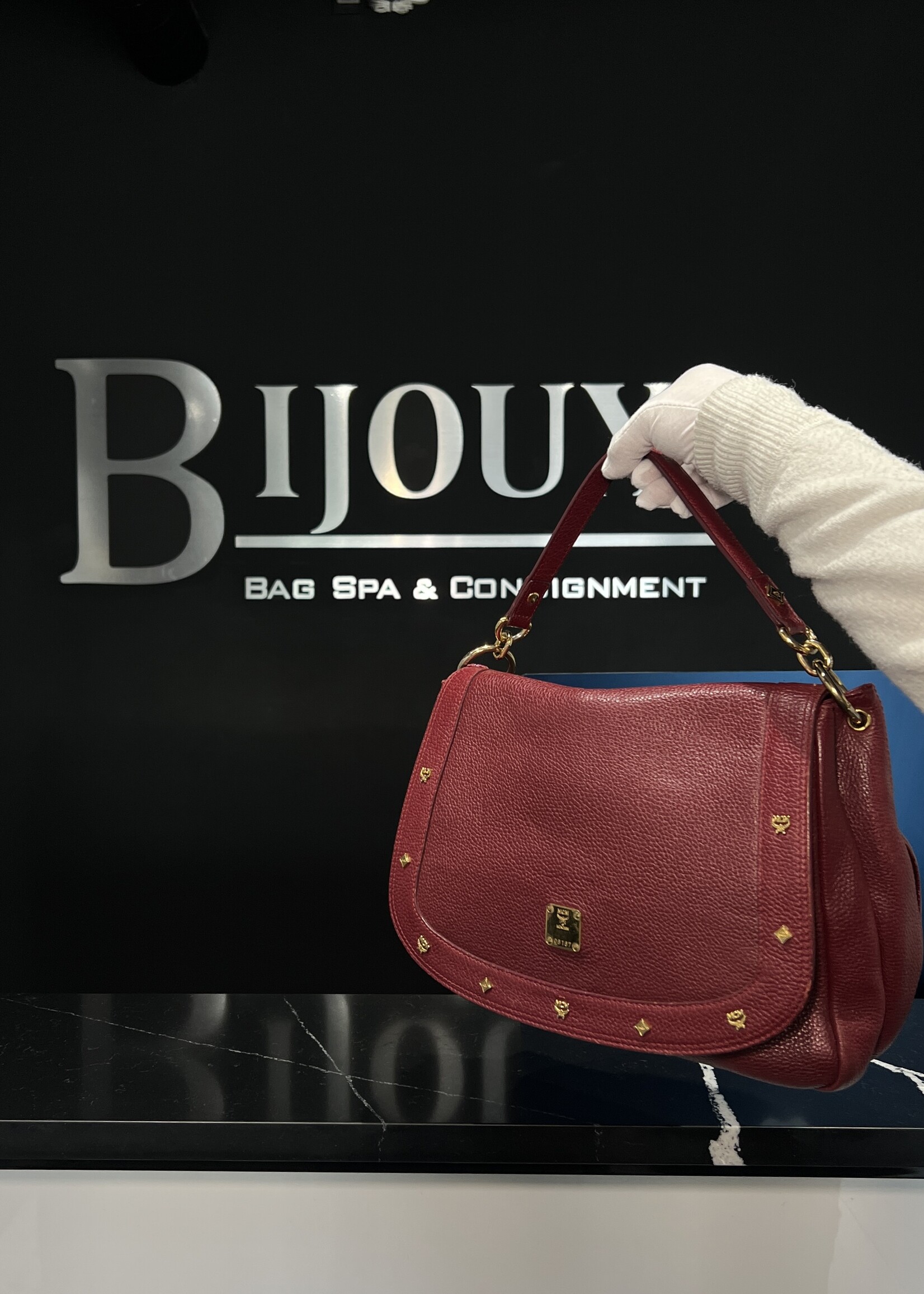 MCM MCM Studded Leather Satchel Burgundy