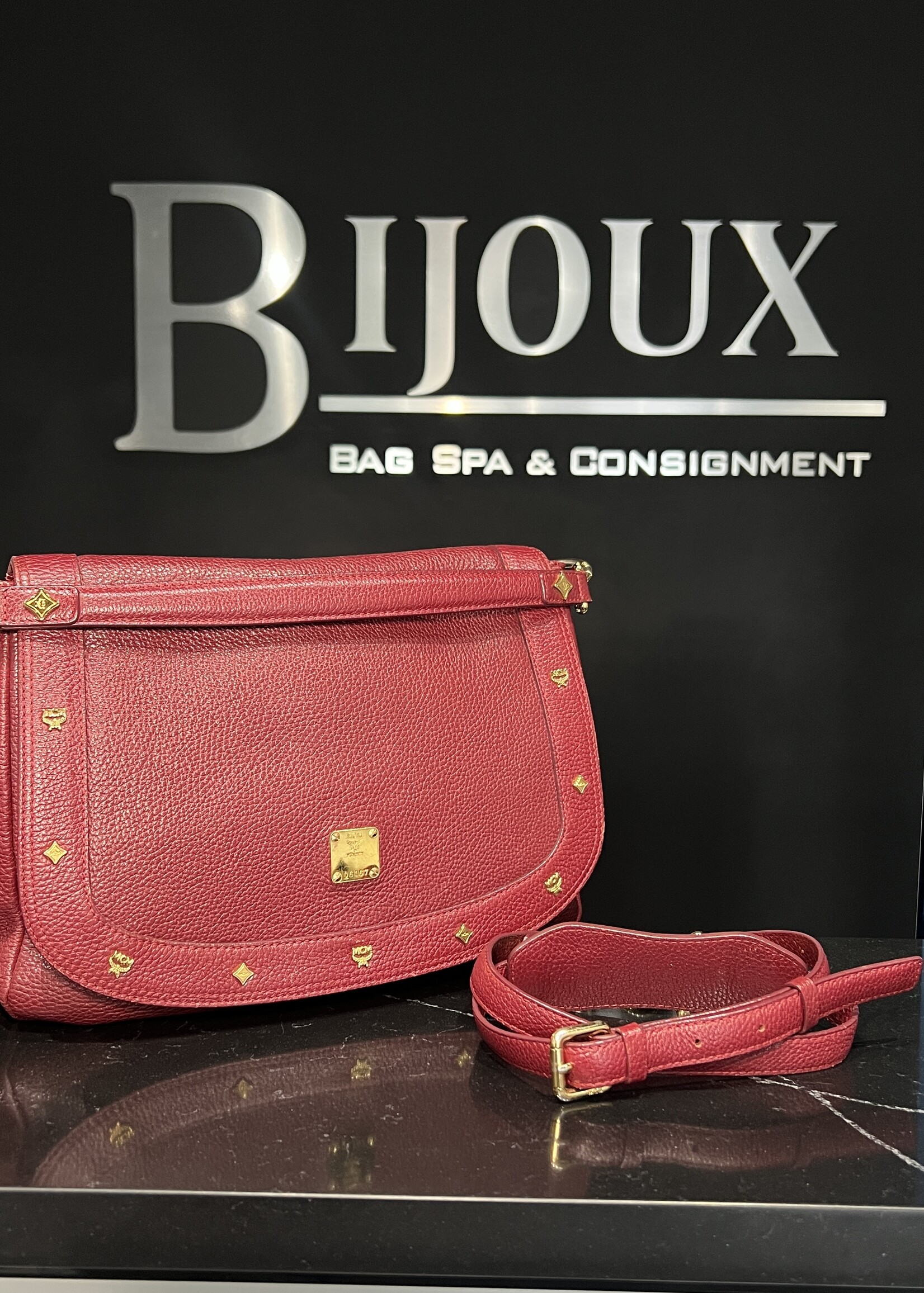 MCM MCM Studded Leather Satchel Burgundy