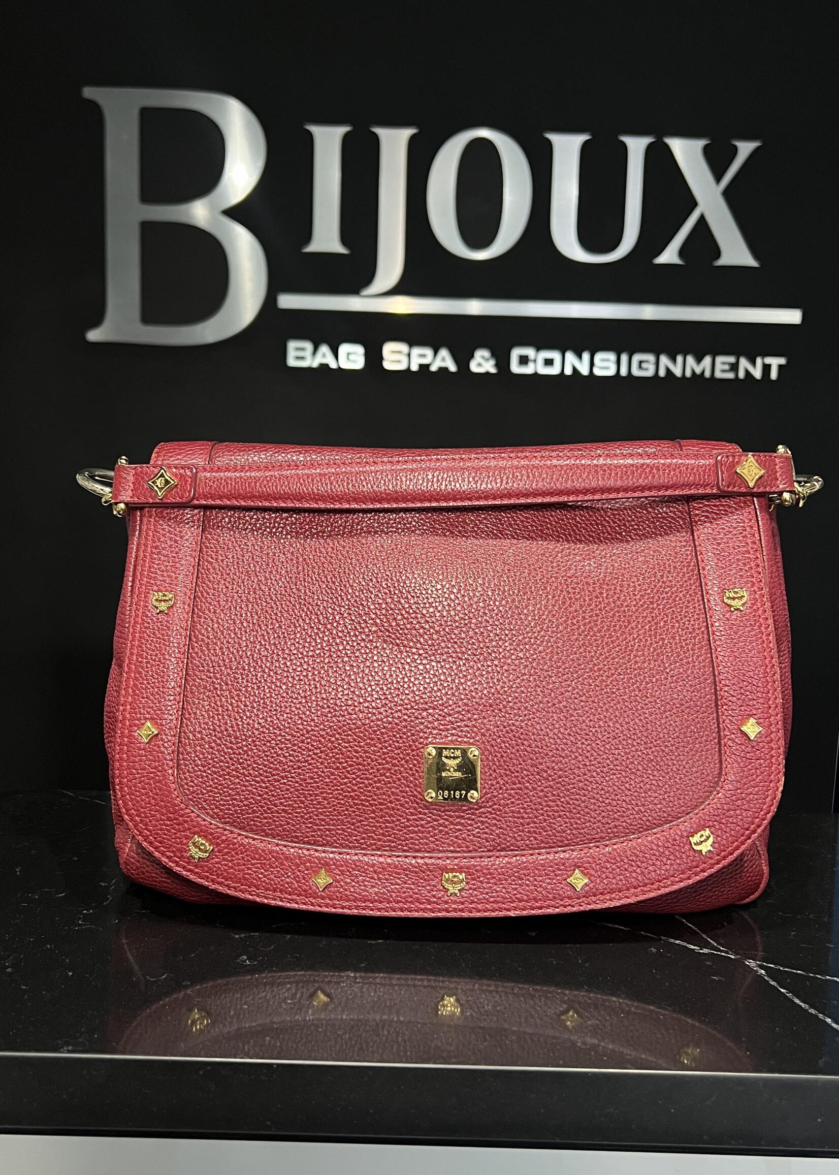 MCM MCM Studded Leather Satchel Burgundy