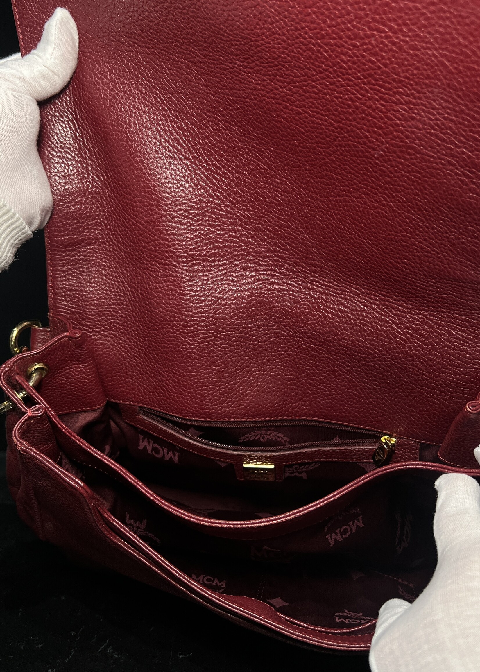 MCM MCM Studded Leather Satchel Burgundy