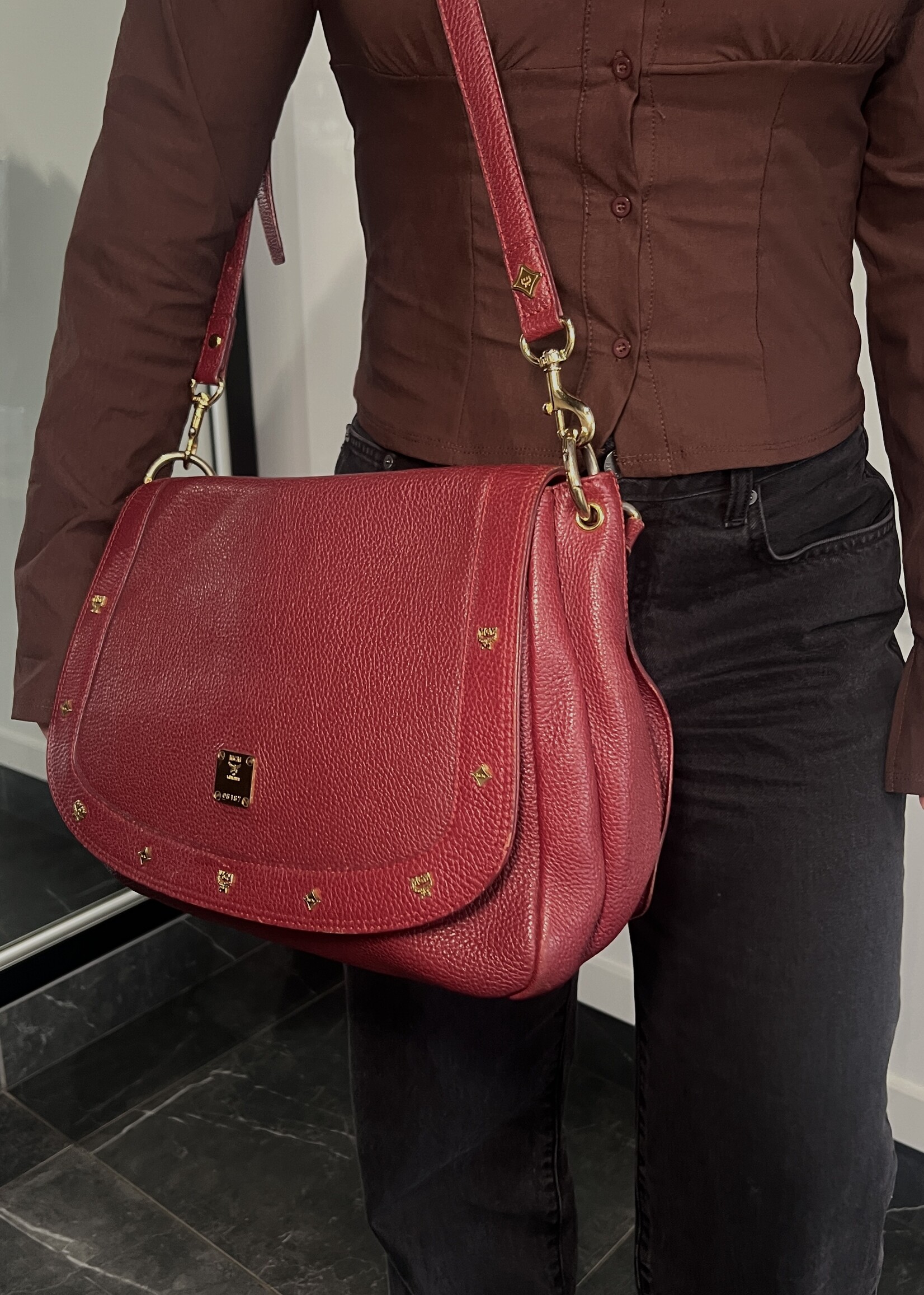 MCM MCM Studded Leather Satchel Burgundy