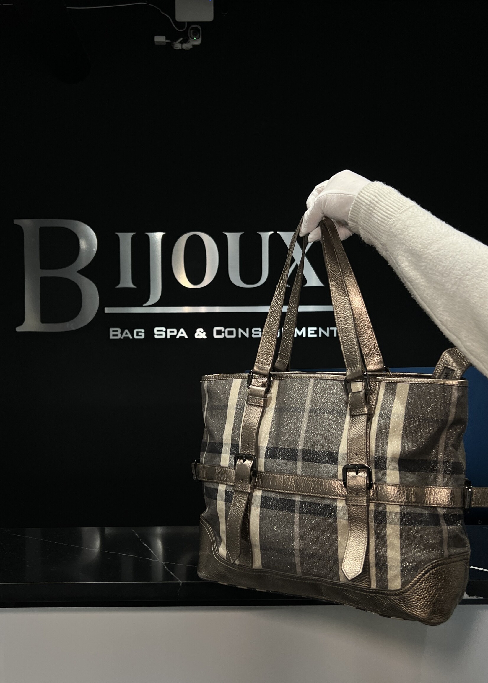 Burberry Burberry Silver Shimmer Check Tote