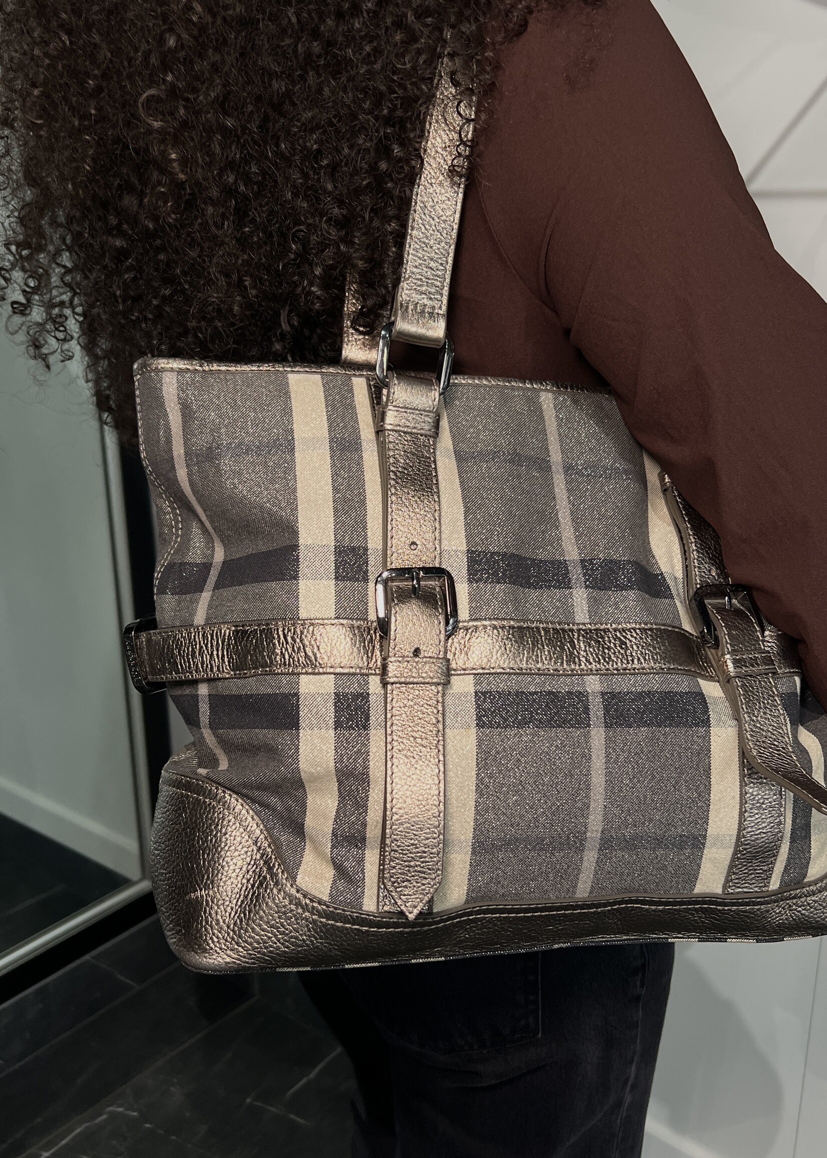 Burberry Burberry Silver Shimmer Check Tote